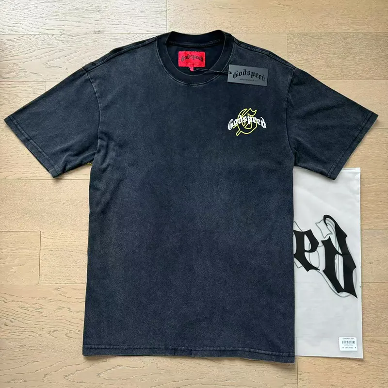 1091# P126 Washed Black Real Shot Godspeed American Fashion Rock Street Retro Washed Distressed Printed Cotton Short Sleeves Fabric: 250g 32 Count Fine Cotton Double Yarn Pure Cotton Color: Washed Black Size: S M L XL