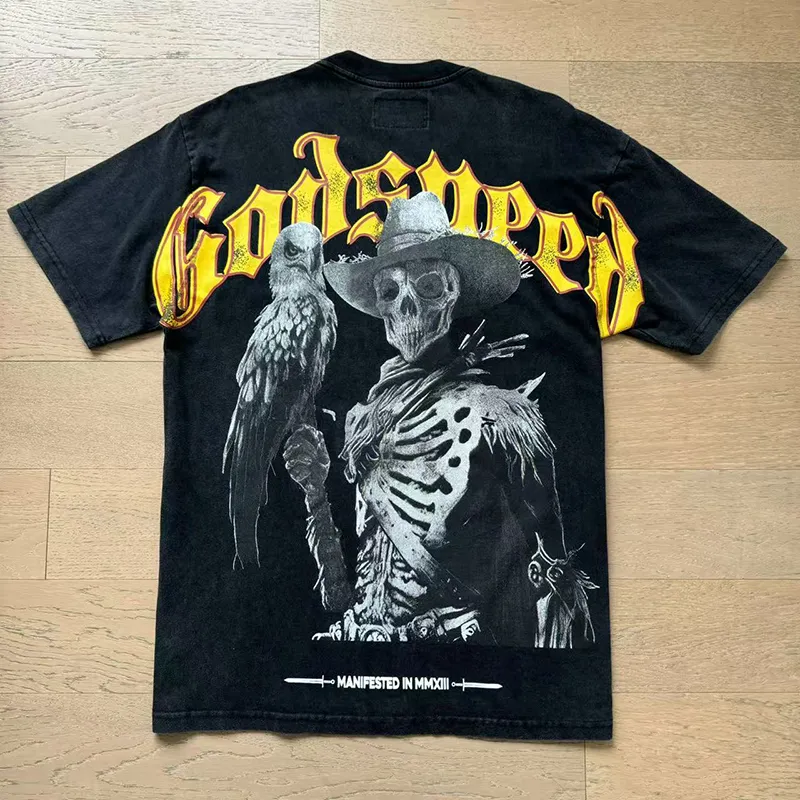 1091# P126 Washed Black Real Shot Godspeed American Fashion Rock Street Retro Washed Distressed Printed Cotton Short Sleeves Fabric: 250g 32 Count Fine Cotton Double Yarn Pure Cotton Color: Washed Black Size: S M L XL