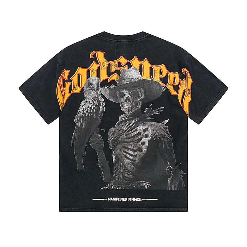 1091# P126 Washed Black Real Shot Godspeed American Fashion Rock Street Retro Washed Distressed Printed Cotton Short Sleeves Fabric: 250g 32 Count Fine Cotton Double Yarn Pure Cotton Color: Washed Black Size: S M L XL