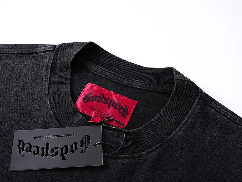 1091# P126 Washed Black Real Shot Godspeed American Fashion Rock Street Retro Washed Distressed Printed Cotton Short Sleeves Fabric: 250g 32 Count Fine Cotton Double Yarn Pure Cotton Color: Washed Black Size: S M L XL