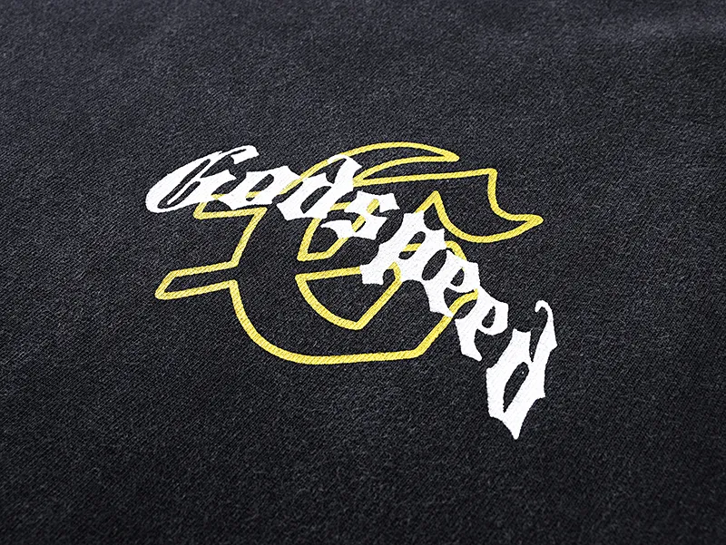 1091# P126 Washed Black Real Shot Godspeed American Fashion Rock Street Retro Washed Distressed Printed Cotton Short Sleeves Fabric: 250g 32 Count Fine Cotton Double Yarn Pure Cotton Color: Washed Black Size: S M L XL