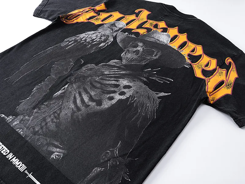 1091# P126 Washed Black Real Shot Godspeed American Fashion Rock Street Retro Washed Distressed Printed Cotton Short Sleeves Fabric: 250g 32 Count Fine Cotton Double Yarn Pure Cotton Color: Washed Black Size: S M L XL