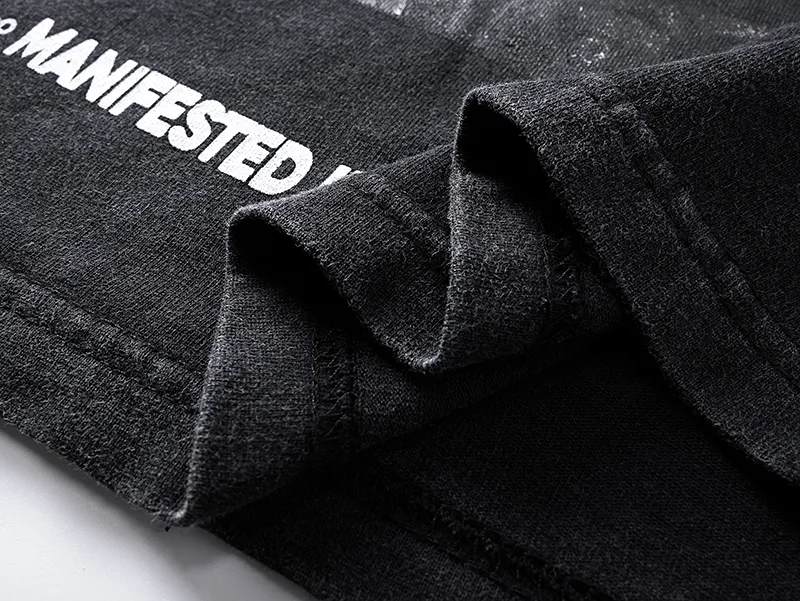 1091# P126 Washed Black Real Shot Godspeed American Fashion Rock Street Retro Washed Distressed Printed Cotton Short Sleeves Fabric: 250g 32 Count Fine Cotton Double Yarn Pure Cotton Color: Washed Black Size: S M L XL