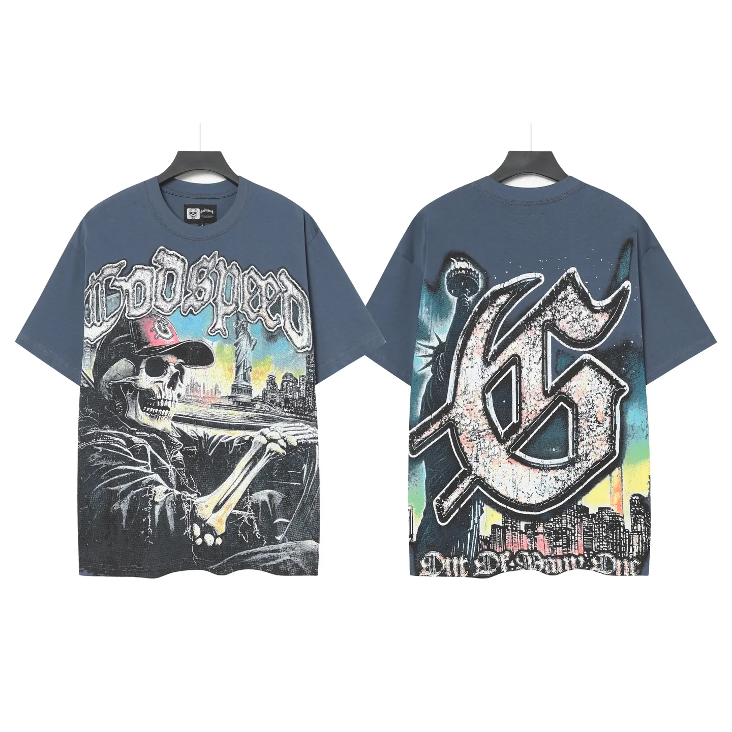 5093#sea blue/apricot P106 Godspeed cross-border American rock and roll street wash retro style short-sleeved T (craft printing) fabric (fabric) 32-count combed double yarn 240 grams weight code (size): S-M-L-XL color (colour): apricot/sea blue