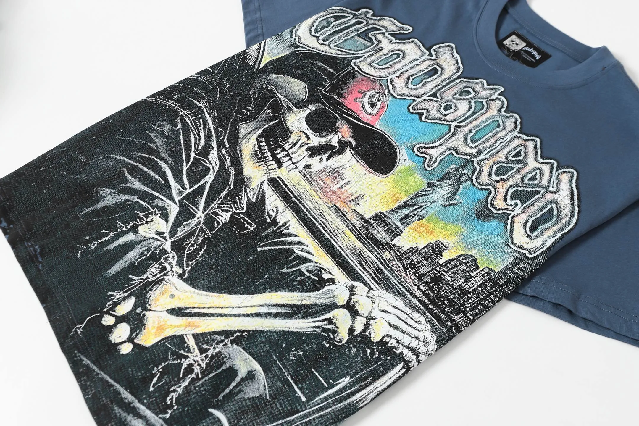 5093#sea blue/apricot P106 Godspeed cross-border American rock and roll street wash retro style short-sleeved T (craft printing) fabric (fabric) 32-count combed double yarn 240 grams weight code (size): S-M-L-XL color (colour): apricot/sea blue