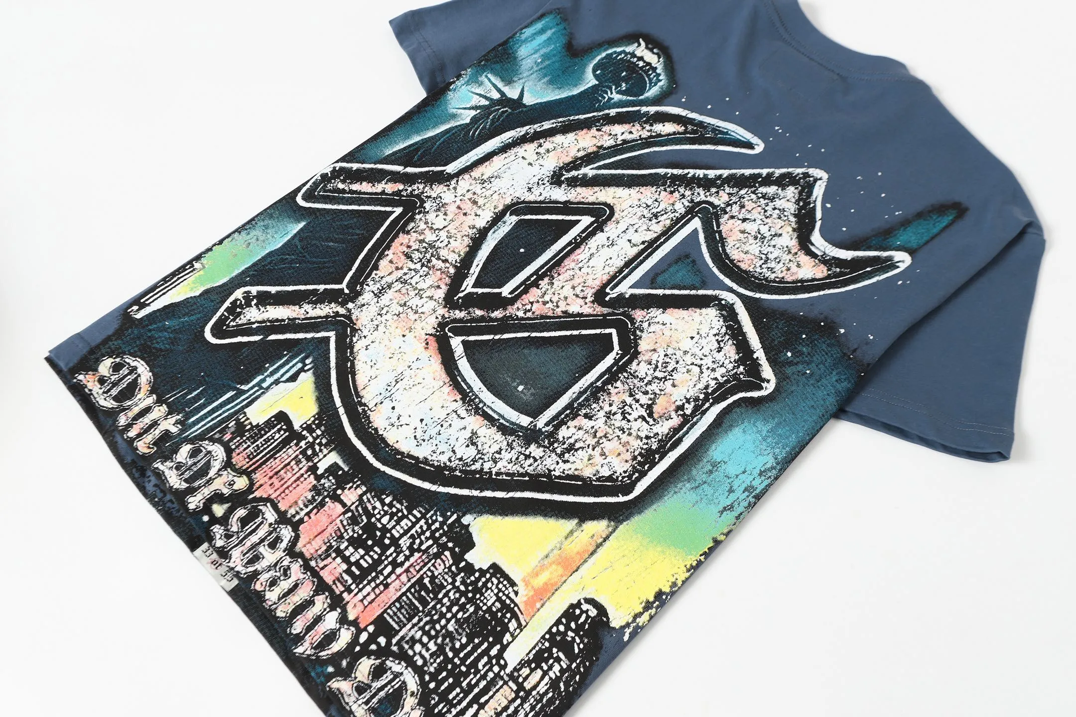 5093#sea blue/apricot P106 Godspeed cross-border American rock and roll street wash retro style short-sleeved T (craft printing) fabric (fabric) 32-count combed double yarn 240 grams weight code (size): S-M-L-XL color (colour): apricot/sea blue