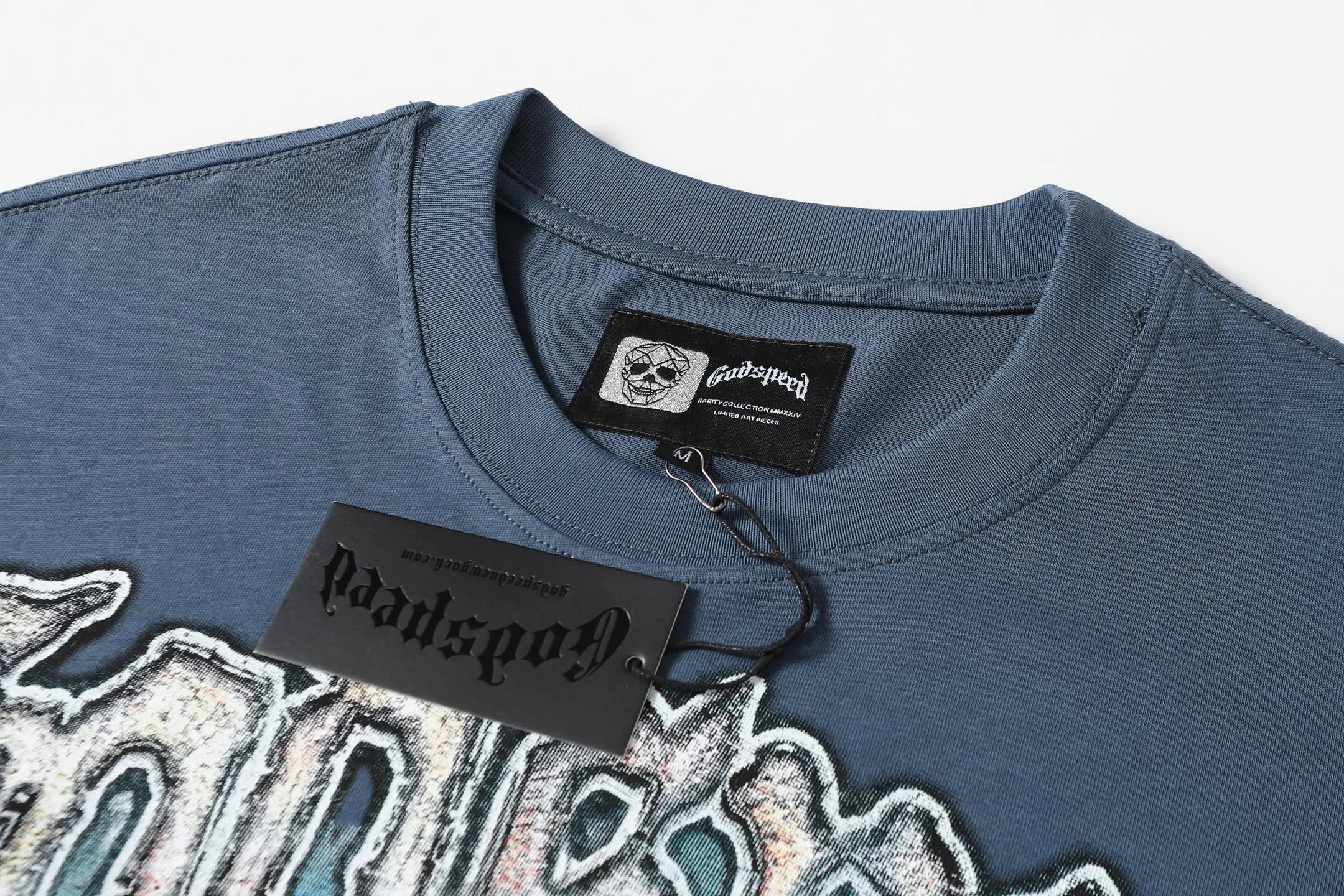 5093#sea blue/apricot P106 Godspeed cross-border American rock and roll street wash retro style short-sleeved T (craft printing) fabric (fabric) 32-count combed double yarn 240 grams weight code (size): S-M-L-XL color (colour): apricot/sea blue