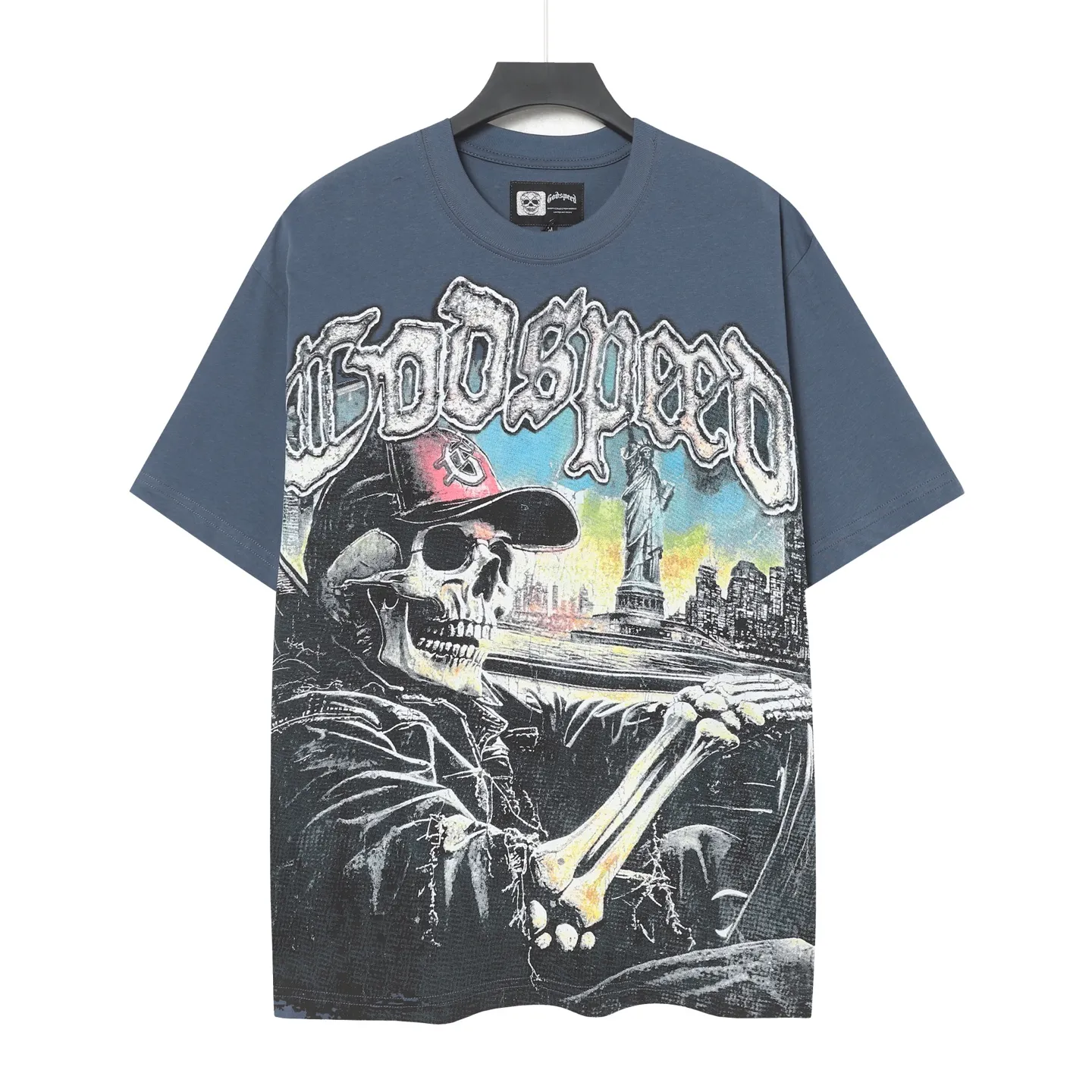 5093#sea blue/apricot P106 Godspeed cross-border American rock and roll street wash retro style short-sleeved T (craft printing) fabric (fabric) 32-count combed double yarn 240 grams weight code (size): S-M-L-XL color (colour): apricot/sea blue