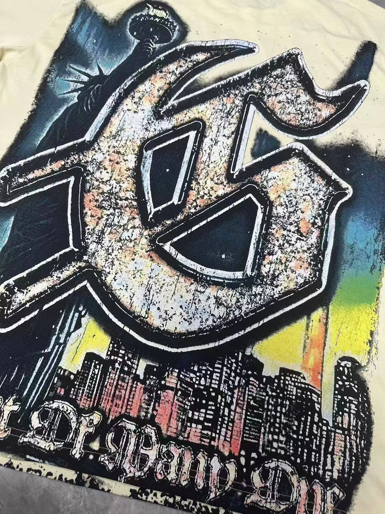 5093#sea blue/apricot P106 Godspeed cross-border American rock and roll street wash retro style short-sleeved T (craft printing) fabric (fabric) 32-count combed double yarn 240 grams weight code (size): S-M-L-XL color (colour): apricot/sea blue