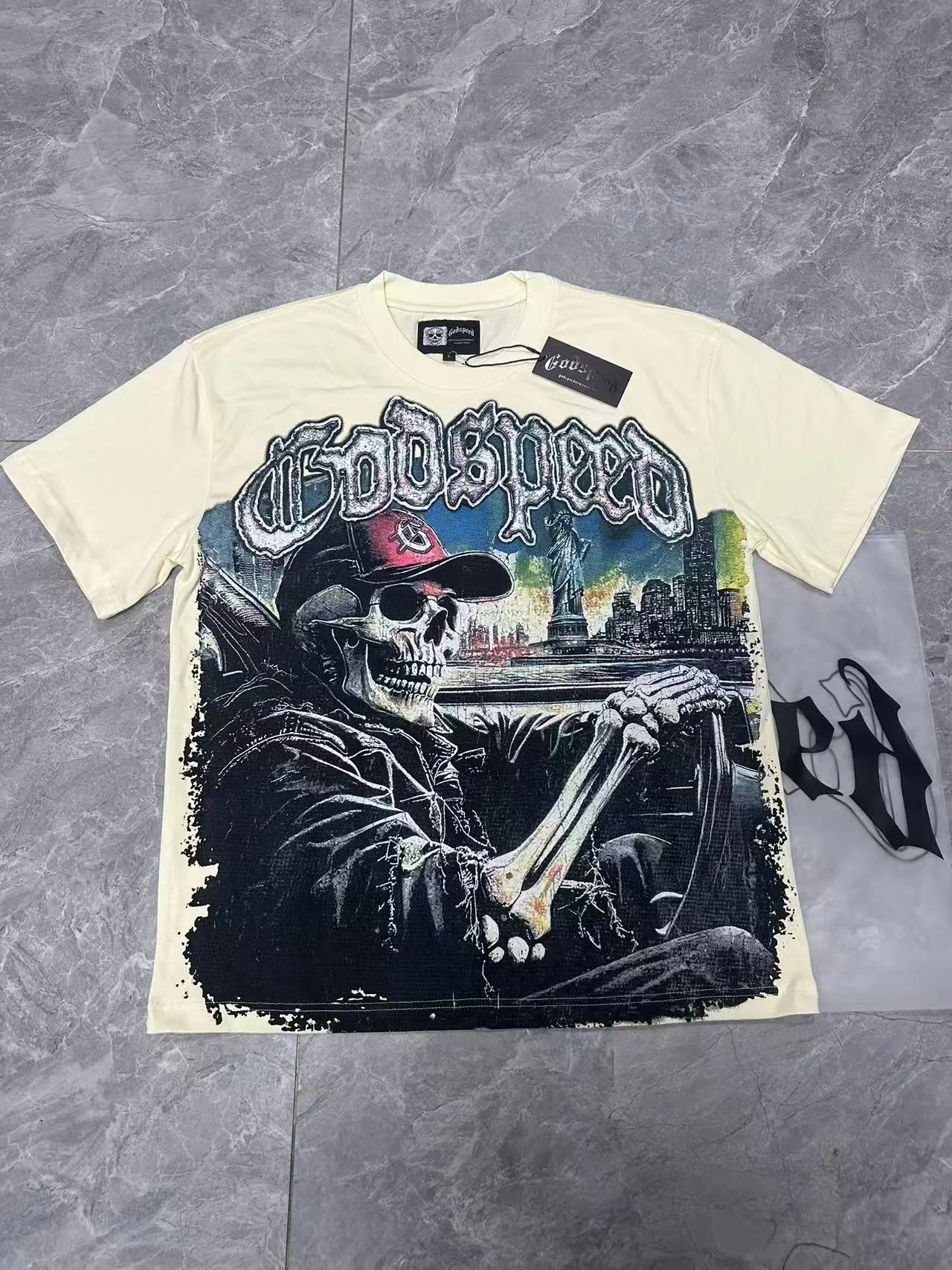 5093#sea blue/apricot P106 Godspeed cross-border American rock and roll street wash retro style short-sleeved T (craft printing) fabric (fabric) 32-count combed double yarn 240 grams weight code (size): S-M-L-XL color (colour): apricot/sea blue