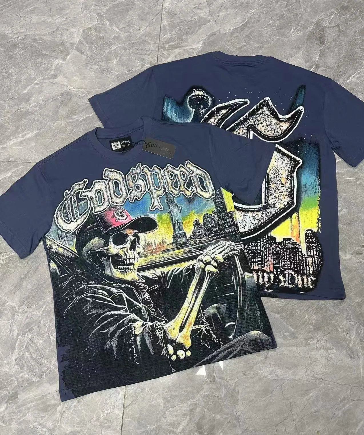 5093#sea blue/apricot P106 Godspeed cross-border American rock and roll street wash retro style short-sleeved T (craft printing) fabric (fabric) 32-count combed double yarn 240 grams weight code (size): S-M-L-XL color (colour): apricot/sea blue