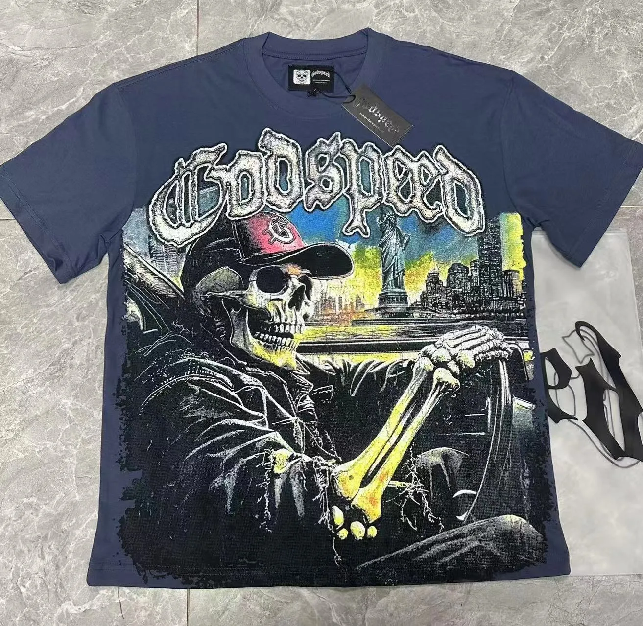 5093#sea blue/apricot P106 Godspeed cross-border American rock and roll street wash retro style short-sleeved T (craft printing) fabric (fabric) 32-count combed double yarn 240 grams weight code (size): S-M-L-XL color (colour): apricot/sea blue