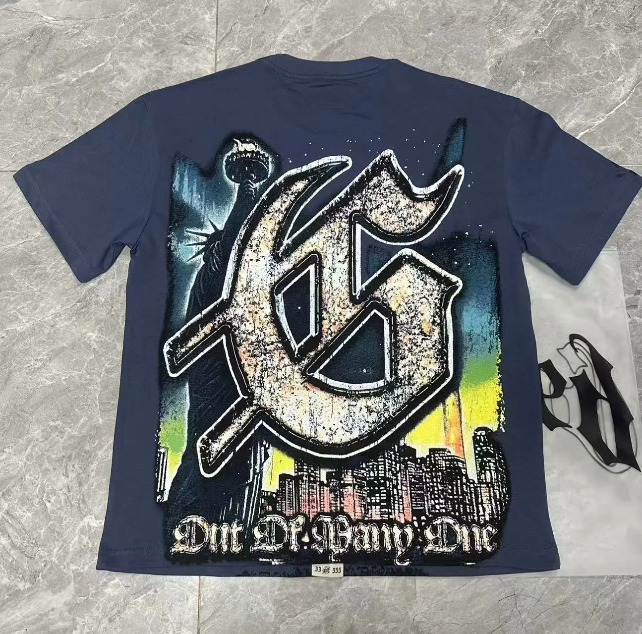 5093#sea blue/apricot P106 Godspeed cross-border American rock and roll street wash retro style short-sleeved T (craft printing) fabric (fabric) 32-count combed double yarn 240 grams weight code (size): S-M-L-XL color (colour): apricot/sea blue