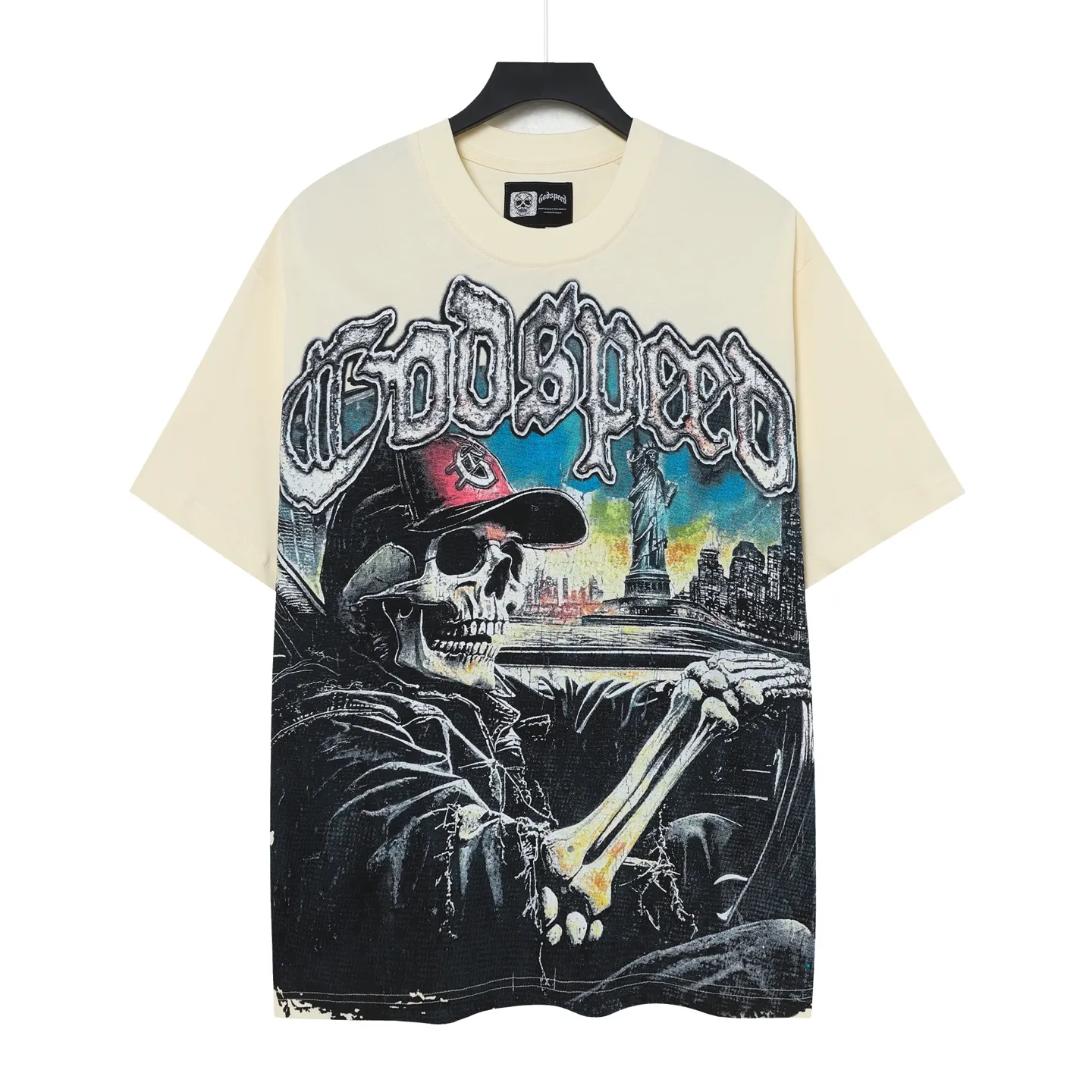 5093#sea blue/apricot P106 Godspeed cross-border American rock and roll street wash retro style short-sleeved T (craft printing) fabric (fabric) 32-count combed double yarn 240 grams weight code (size): S-M-L-XL color (colour): apricot/sea blue