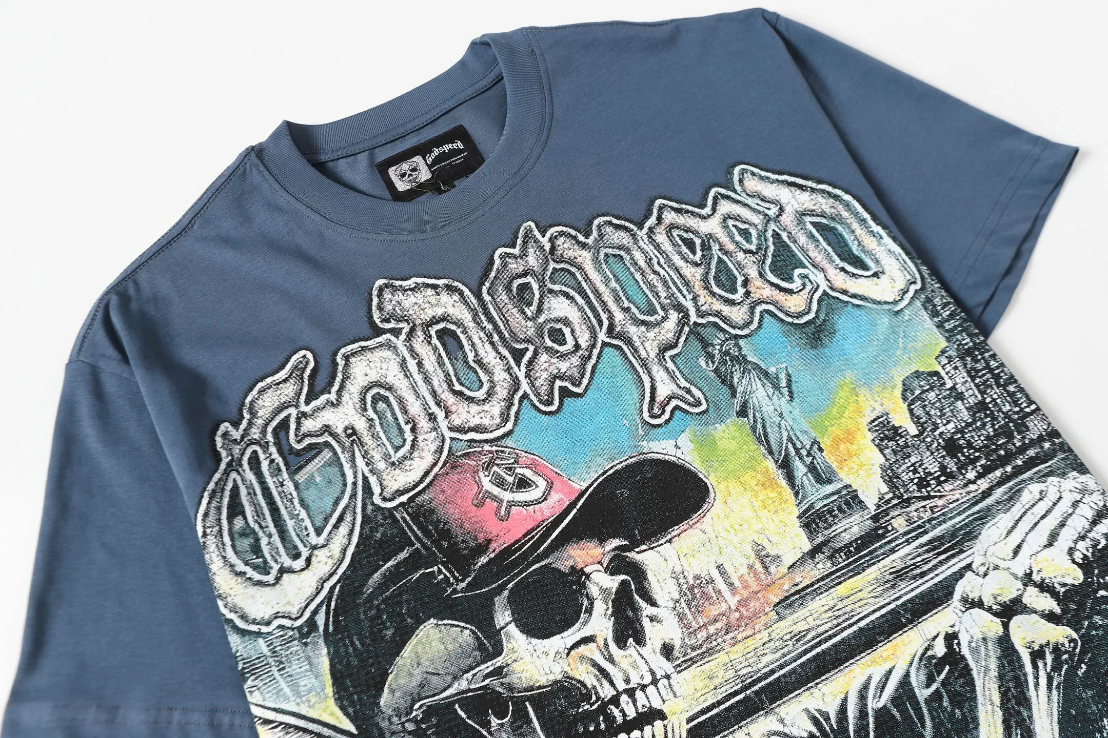 5093#sea blue/apricot P106 Godspeed cross-border American rock and roll street wash retro style short-sleeved T (craft printing) fabric (fabric) 32-count combed double yarn 240 grams weight code (size): S-M-L-XL color (colour): apricot/sea blue
