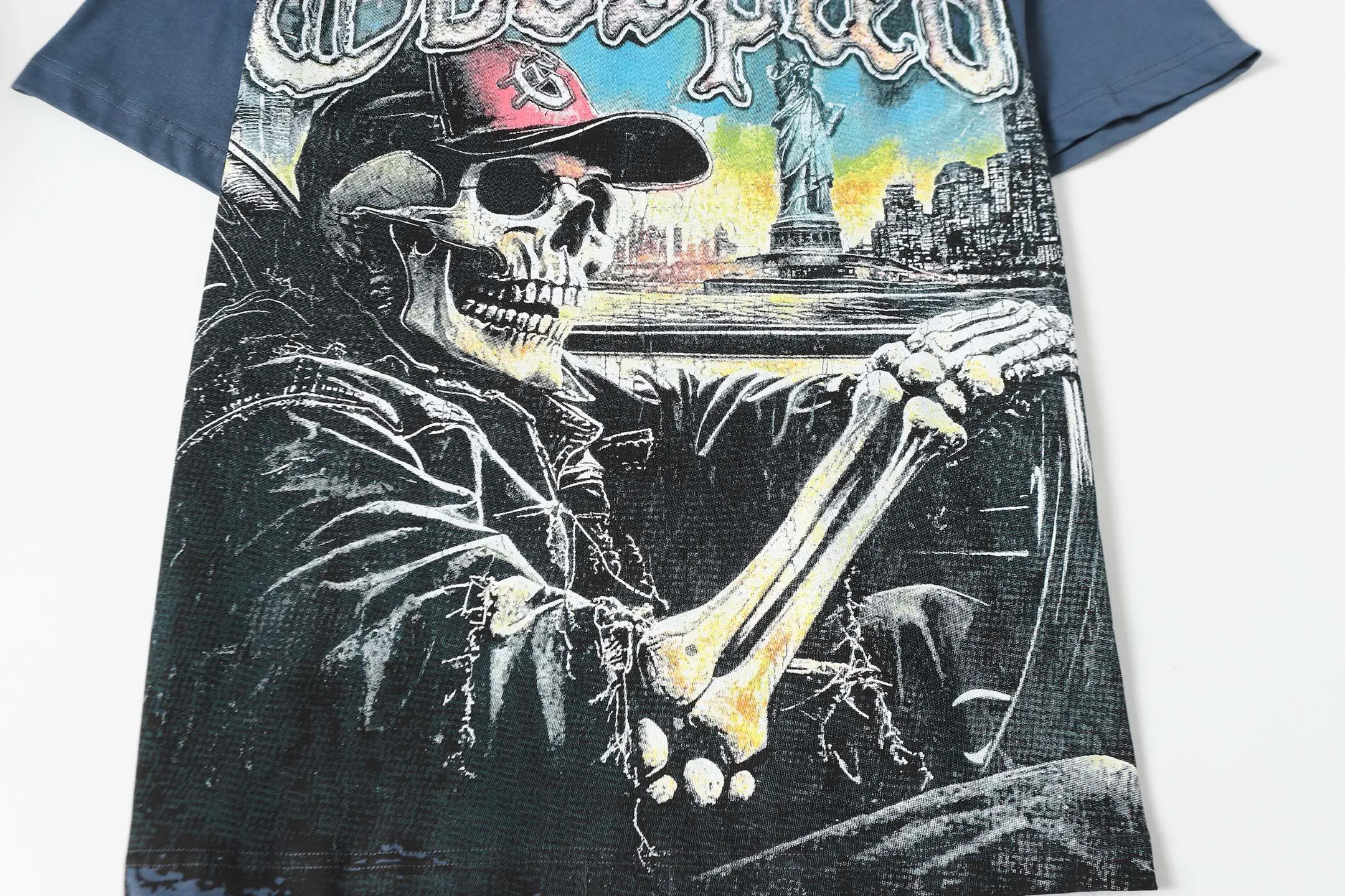 5093#sea blue/apricot P106 Godspeed cross-border American rock and roll street wash retro style short-sleeved T (craft printing) fabric (fabric) 32-count combed double yarn 240 grams weight code (size): S-M-L-XL color (colour): apricot/sea blue