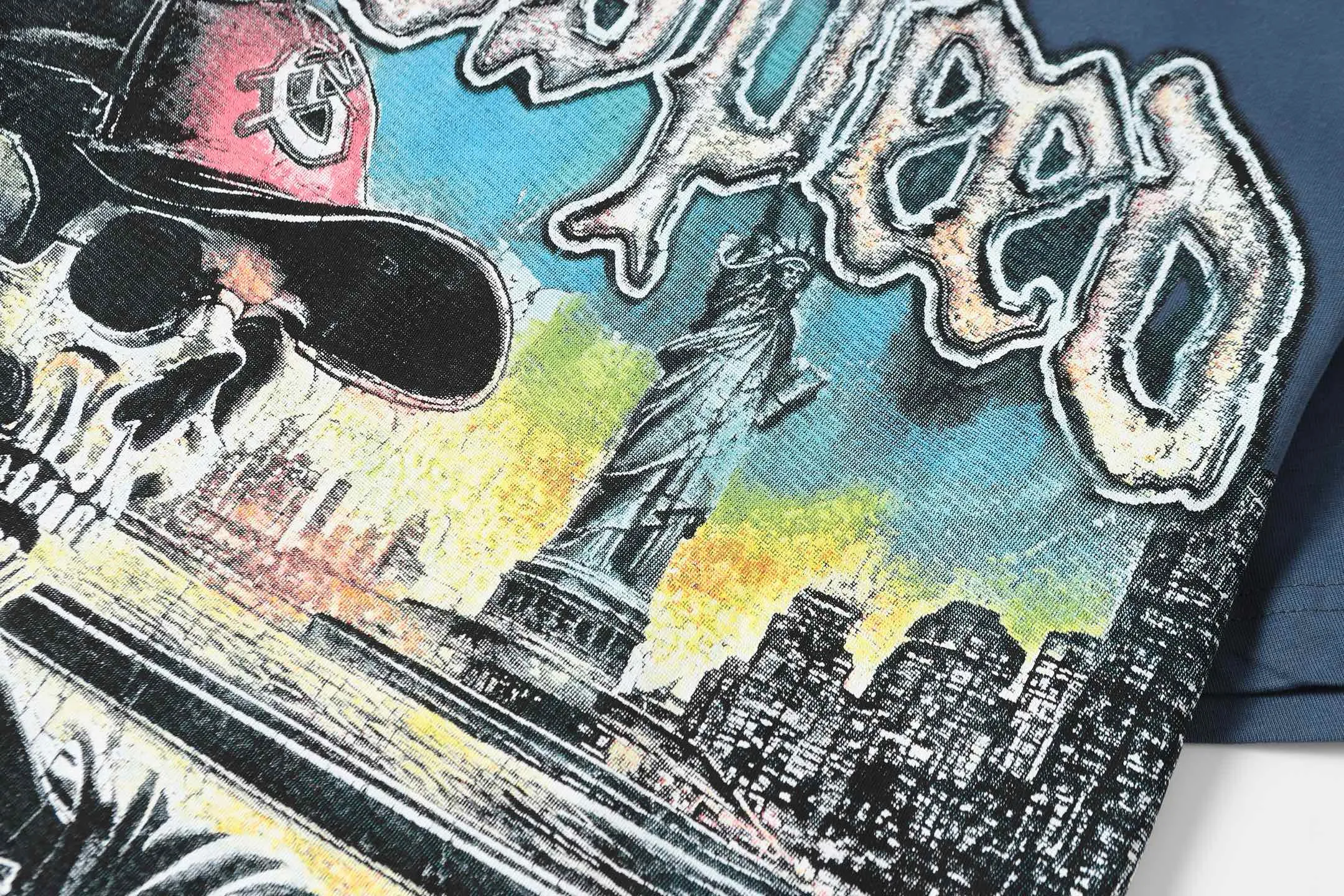 5093#sea blue/apricot P106 Godspeed cross-border American rock and roll street wash retro style short-sleeved T (craft printing) fabric (fabric) 32-count combed double yarn 240 grams weight code (size): S-M-L-XL color (colour): apricot/sea blue