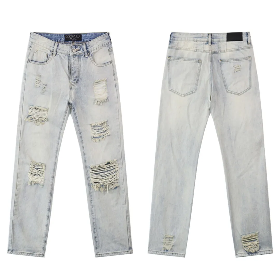 164💰Model No.: 8209 Real shot of the trendy Godspeed denim trousers, loose and trendy denim. Color: smoke gray black light blue. Size 28 (S) 30 (M) 32 (L) 34 (XL) 36 (XXL) 38 (XXXL)