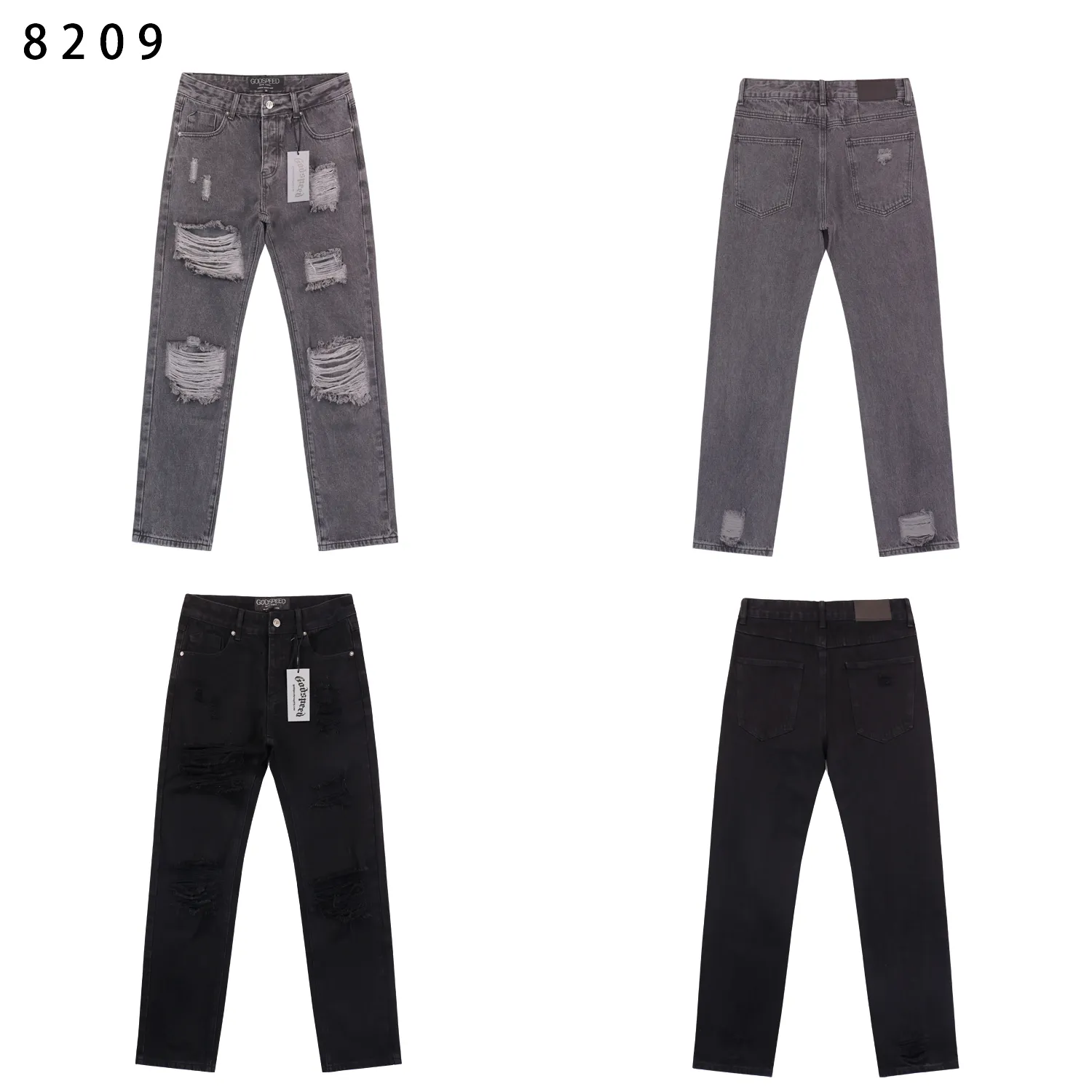 164💰Model No.: 8209 Real shot of the trendy Godspeed denim trousers, loose and trendy denim. Color: smoke gray black light blue. Size 28 (S) 30 (M) 32 (L) 34 (XL) 36 (XXL) 38 (XXXL)
