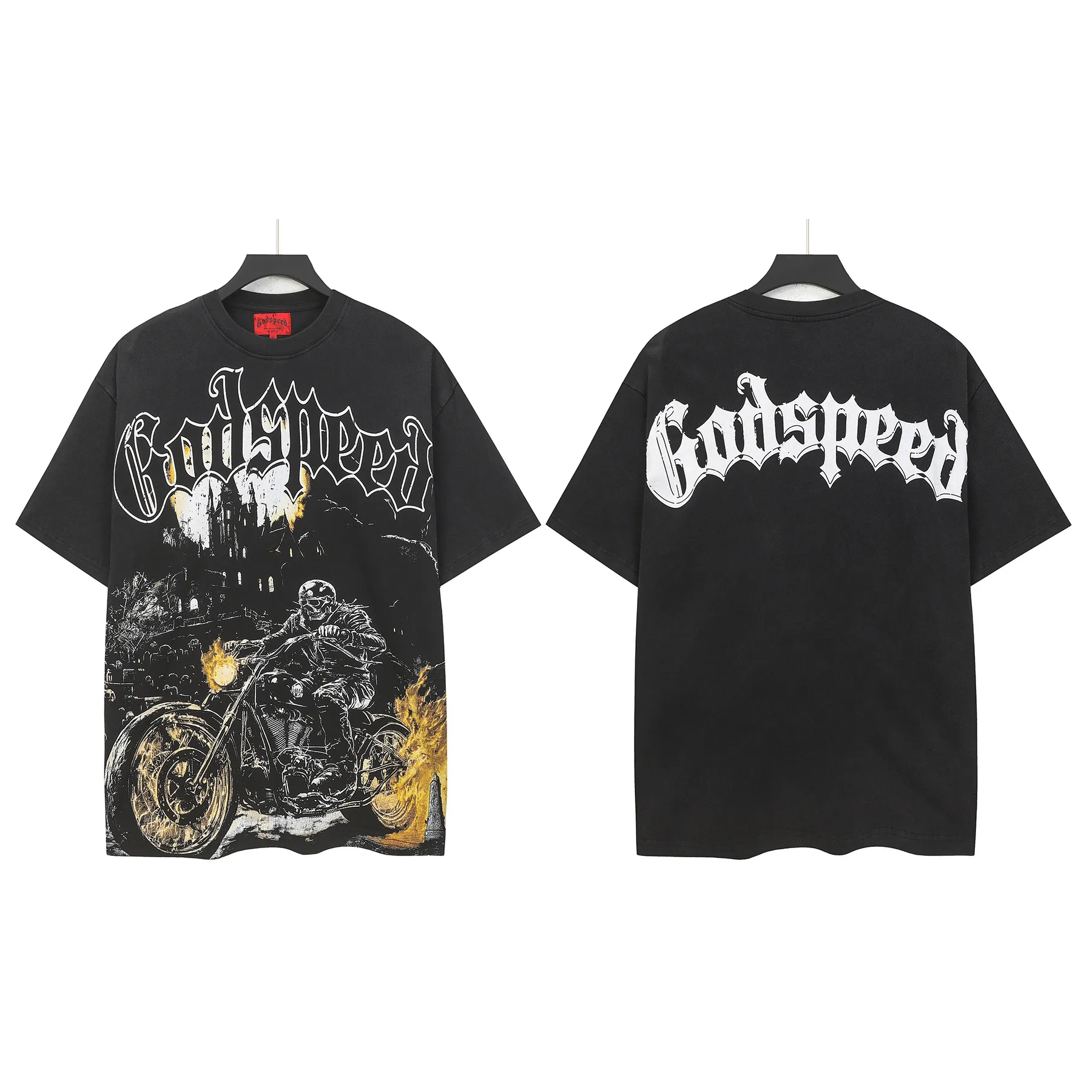 6306# Washed black I P116 Real stock (American fashion niche) Godspeed cross-border American rock street washed retro style short-sleeved T (craft printing) Fabric (fabric): 32 counts combed double yarn 250 grams weight Size (size): S-M-L-XL Color (colour): Washed black