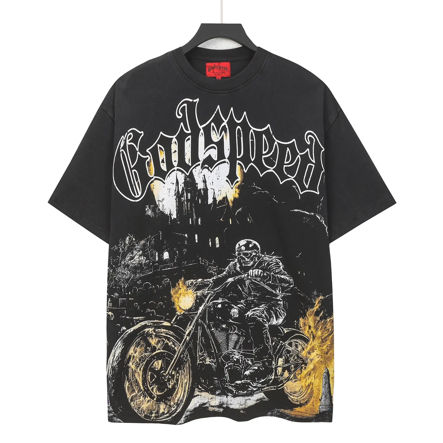 6306# Washed black I P116 Real stock (American fashion niche) Godspeed cross-border American rock street washed retro style short-sleeved T (craft printing) Fabric (fabric): 32 counts combed double yarn 250 grams weight Size (size): S-M-L-XL Color (colour): Washed black
