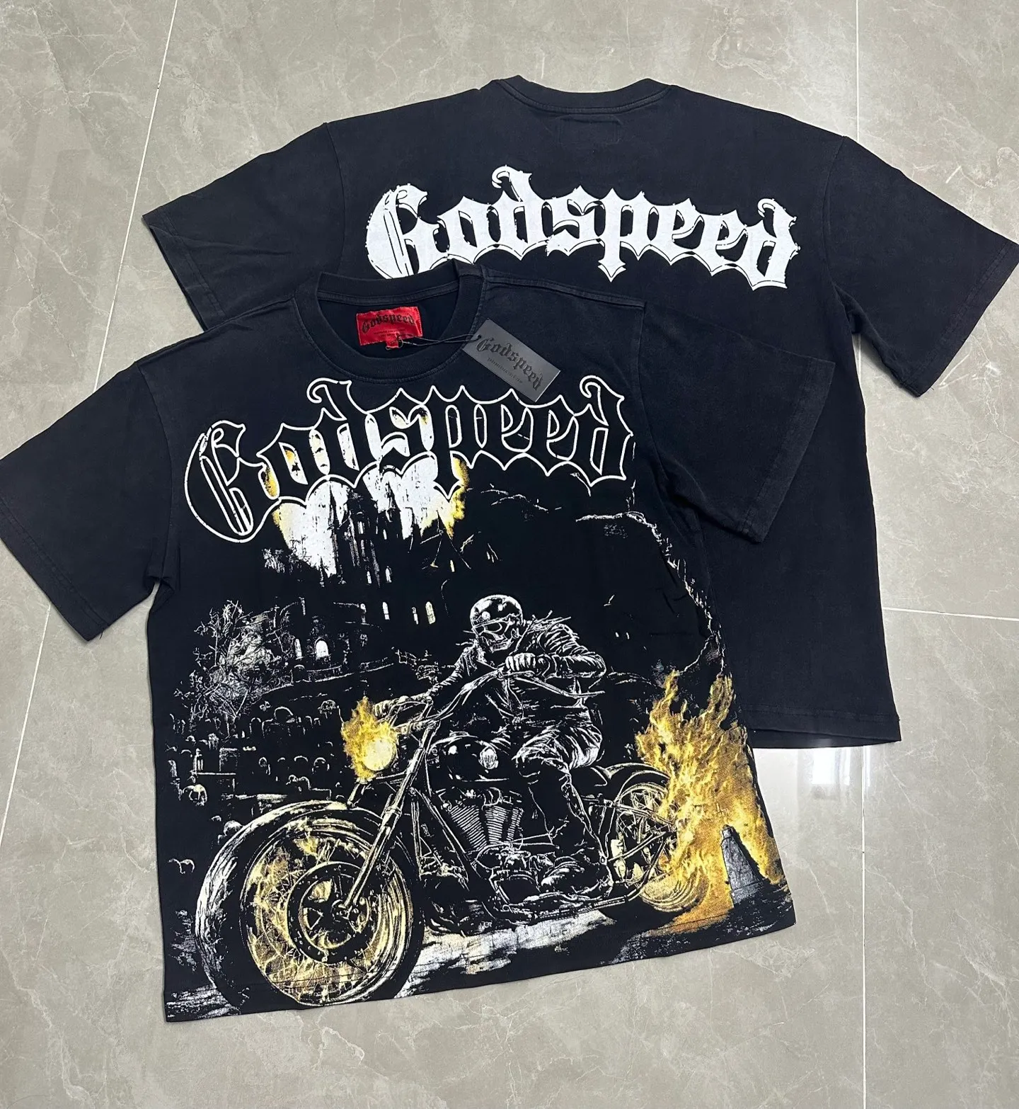 6306# Washed black I P116 Real stock (American fashion niche) Godspeed cross-border American rock street washed retro style short-sleeved T (craft printing) Fabric (fabric): 32 counts combed double yarn 250 grams weight Size (size): S-M-L-XL Color (colour): Washed black