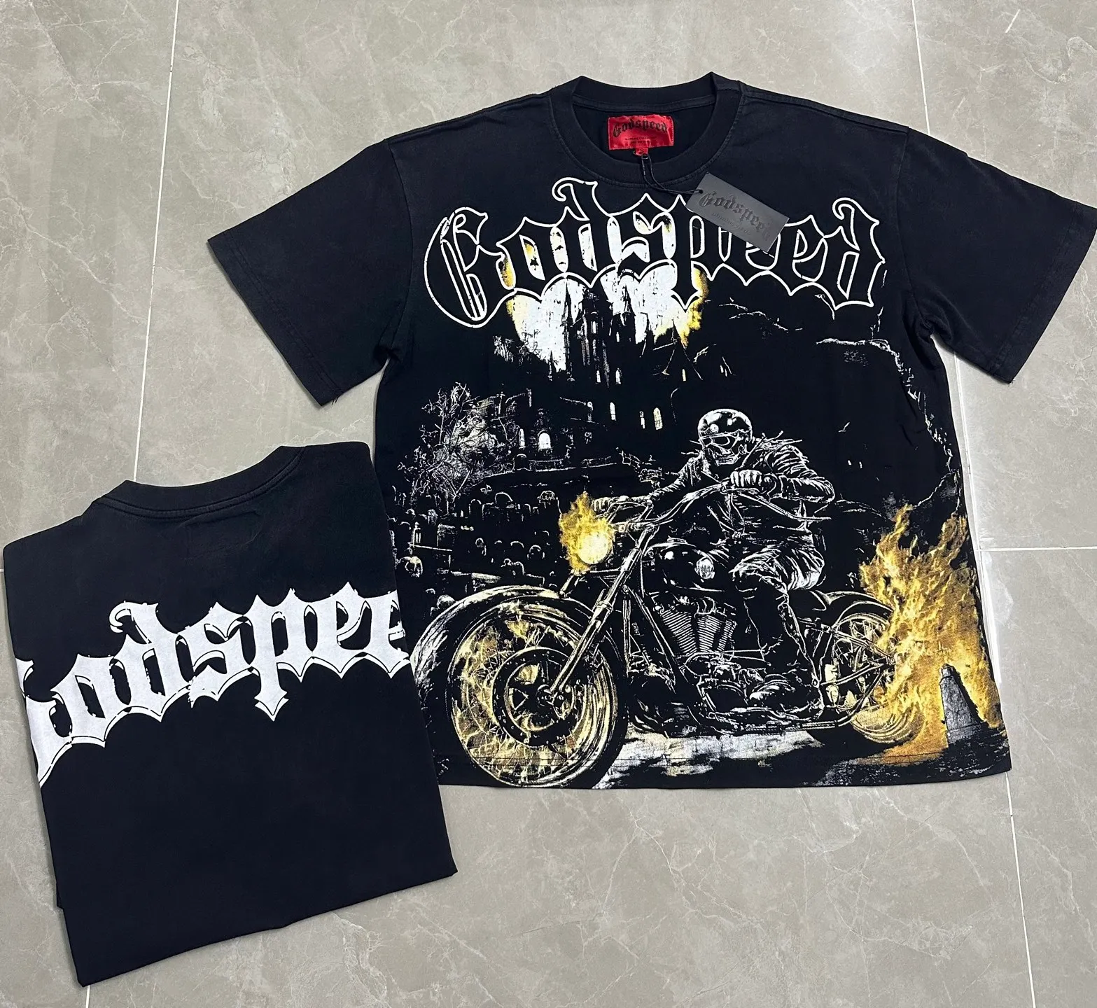6306# Washed black I P116 Real stock (American fashion niche) Godspeed cross-border American rock street washed retro style short-sleeved T (craft printing) Fabric (fabric): 32 counts combed double yarn 250 grams weight Size (size): S-M-L-XL Color (colour): Washed black