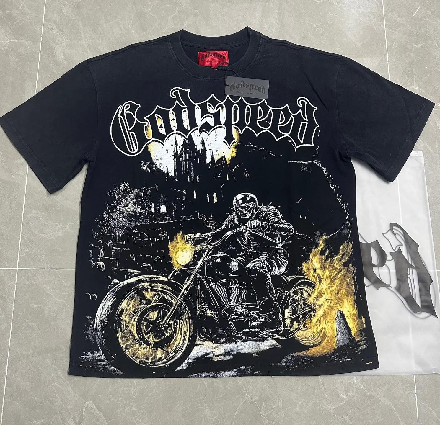 6306# Washed black I P116 Real stock (American fashion niche) Godspeed cross-border American rock street washed retro style short-sleeved T (craft printing) Fabric (fabric): 32 counts combed double yarn 250 grams weight Size (size): S-M-L-XL Color (colour): Washed black