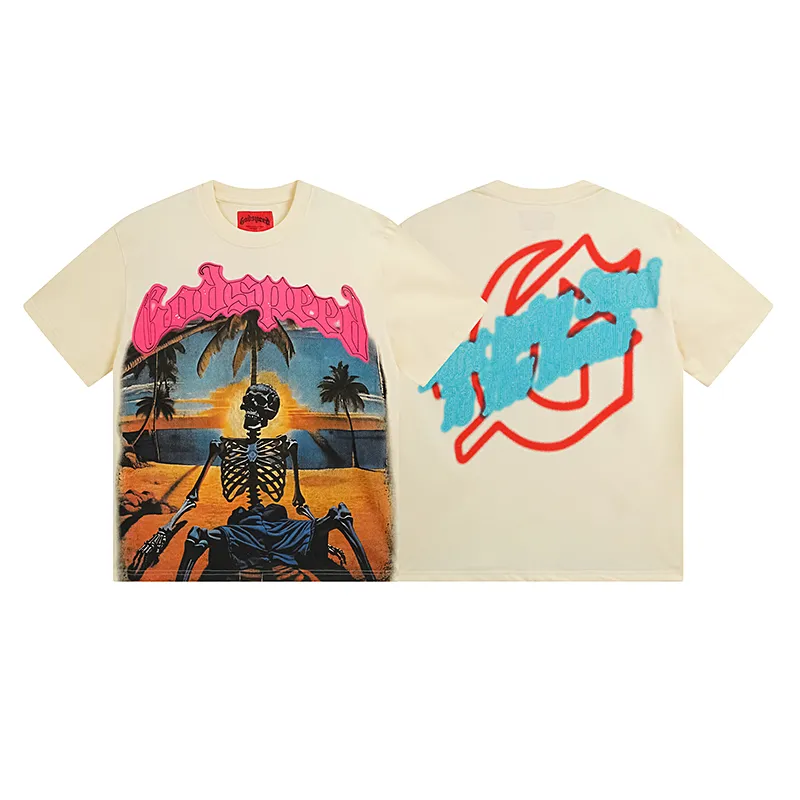 3052# P110 Real shot Godspeed American fashion rock street retro loose printed cotton short sleeves Fabric: 240g 32 count fine cotton double yarn pure cotton Color: apricot Size: S M L XL