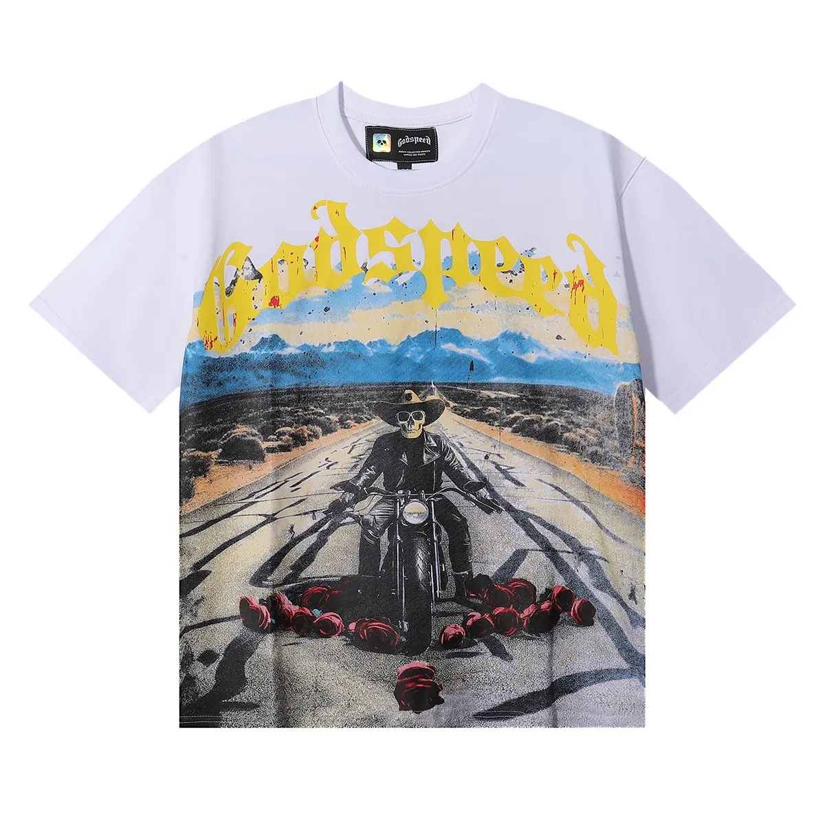 No. 7027, American fashion Godspeed knight rose print high quality double yarn pure cotton casual short-sleeved T-shirt batch 110 Color: black, white; Size: S M L XL