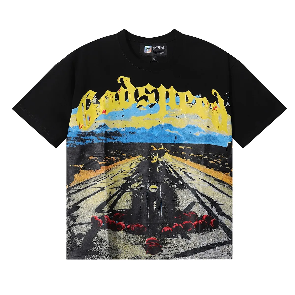No. 7027, American fashion Godspeed knight rose print high quality double yarn pure cotton casual short-sleeved T-shirt batch 110 Color: black, white; Size: S M L XL