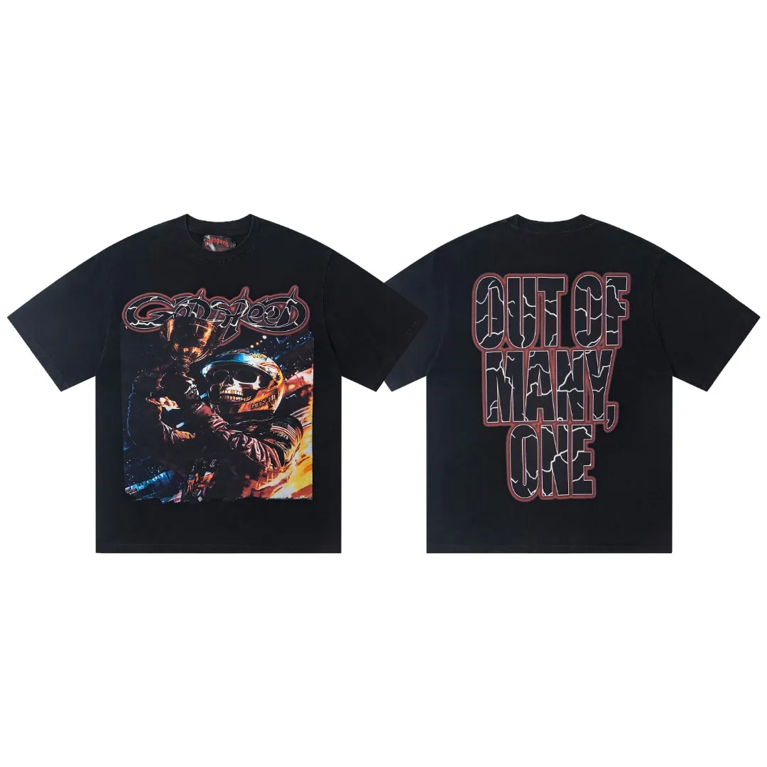G29# GodSpeed ​​white ink direct spray washed short-sleeved S-XL size black (washed) P126