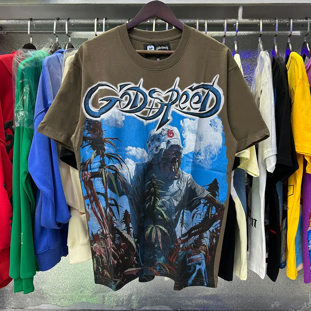 Actual photo, No. 7081, American trendy Godspeed blue sky, white clouds, poppy skull planting print, high weight double yarn pure cotton casual short-sleeved T-shirt, batch 106, color: black, white, brown; size: S M L XL