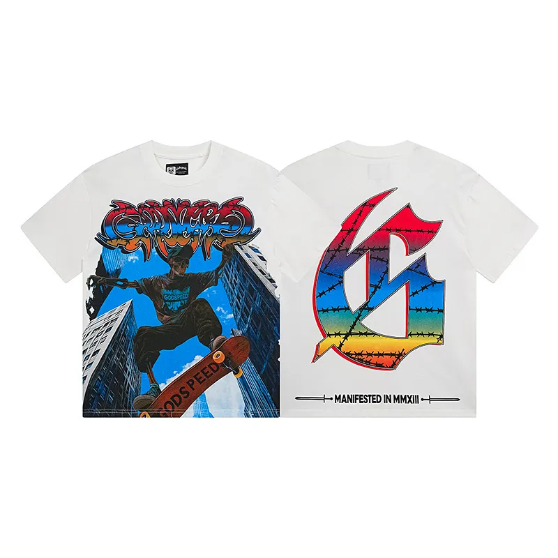 3128# P106 Real shot Godspeed American fashion rock street retro loose printed cotton short sleeves Fabric: 240g 32 count fine cotton double yarn pure cotton Color: off-white Size: S M L XL