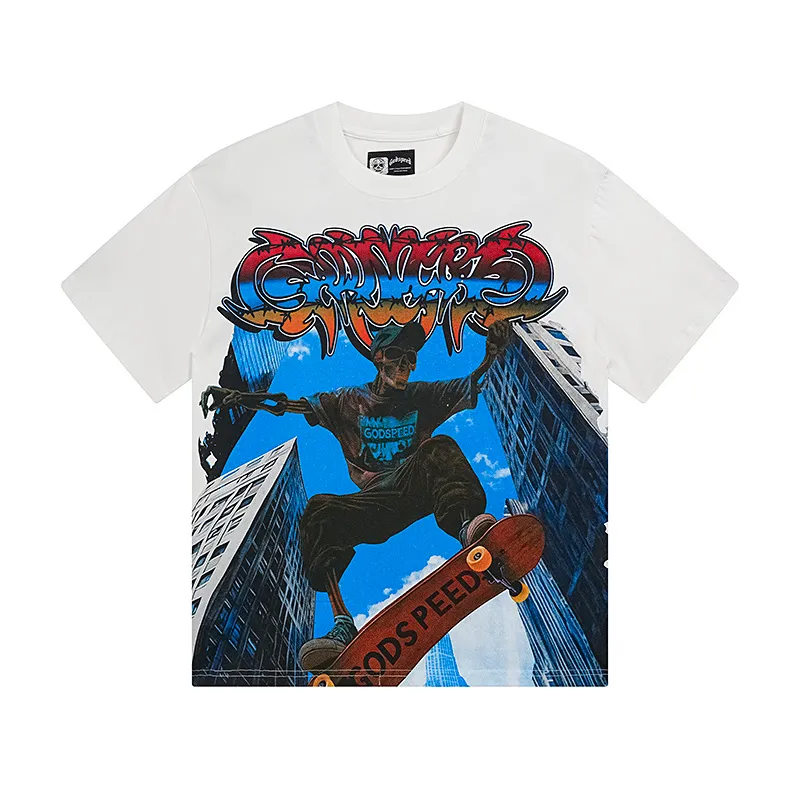 3128# P106 Real shot Godspeed American fashion rock street retro loose printed cotton short sleeves Fabric: 240g 32 count fine cotton double yarn pure cotton Color: off-white Size: S M L XL