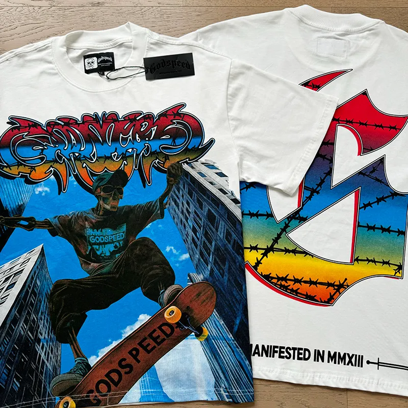 3128# P106 Real shot Godspeed American fashion rock street retro loose printed cotton short sleeves Fabric: 240g 32 count fine cotton double yarn pure cotton Color: off-white Size: S M L XL