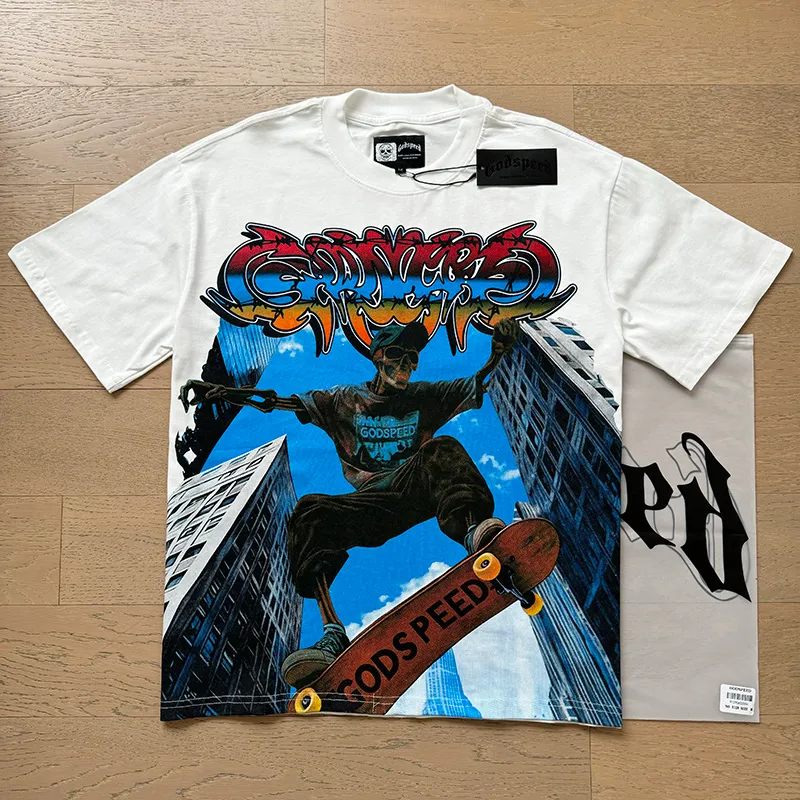 3128# P106 Real shot Godspeed American fashion rock street retro loose printed cotton short sleeves Fabric: 240g 32 count fine cotton double yarn pure cotton Color: off-white Size: S M L XL