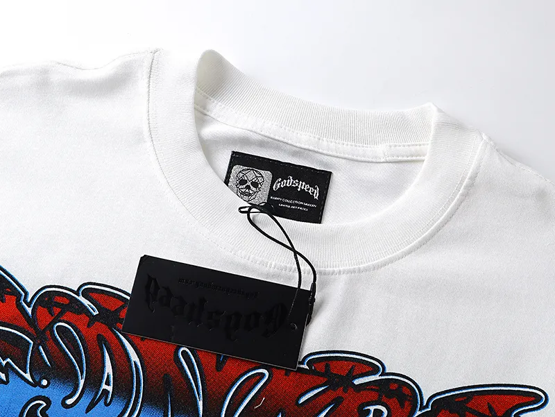 3128# P106 Real shot Godspeed American fashion rock street retro loose printed cotton short sleeves Fabric: 240g 32 count fine cotton double yarn pure cotton Color: off-white Size: S M L XL