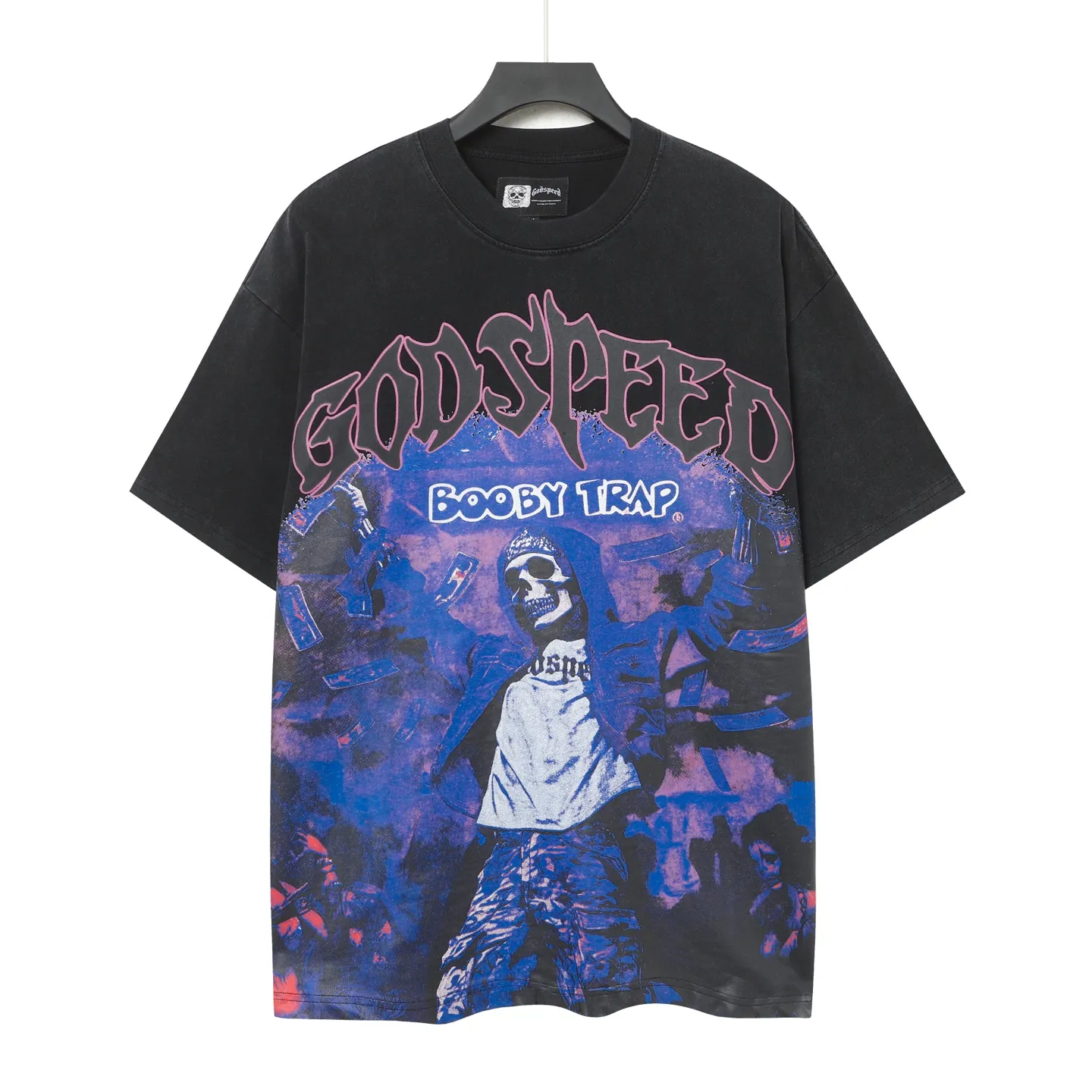 6088#washed black｜P116 Godspeed cross-border American rock and roll street washed retro style short-sleeved T (craft printing) fabric (fabric): 32 count combed double yarn 250g weight size (size): S-M-L-XL color (colour): washed black 👉 👉