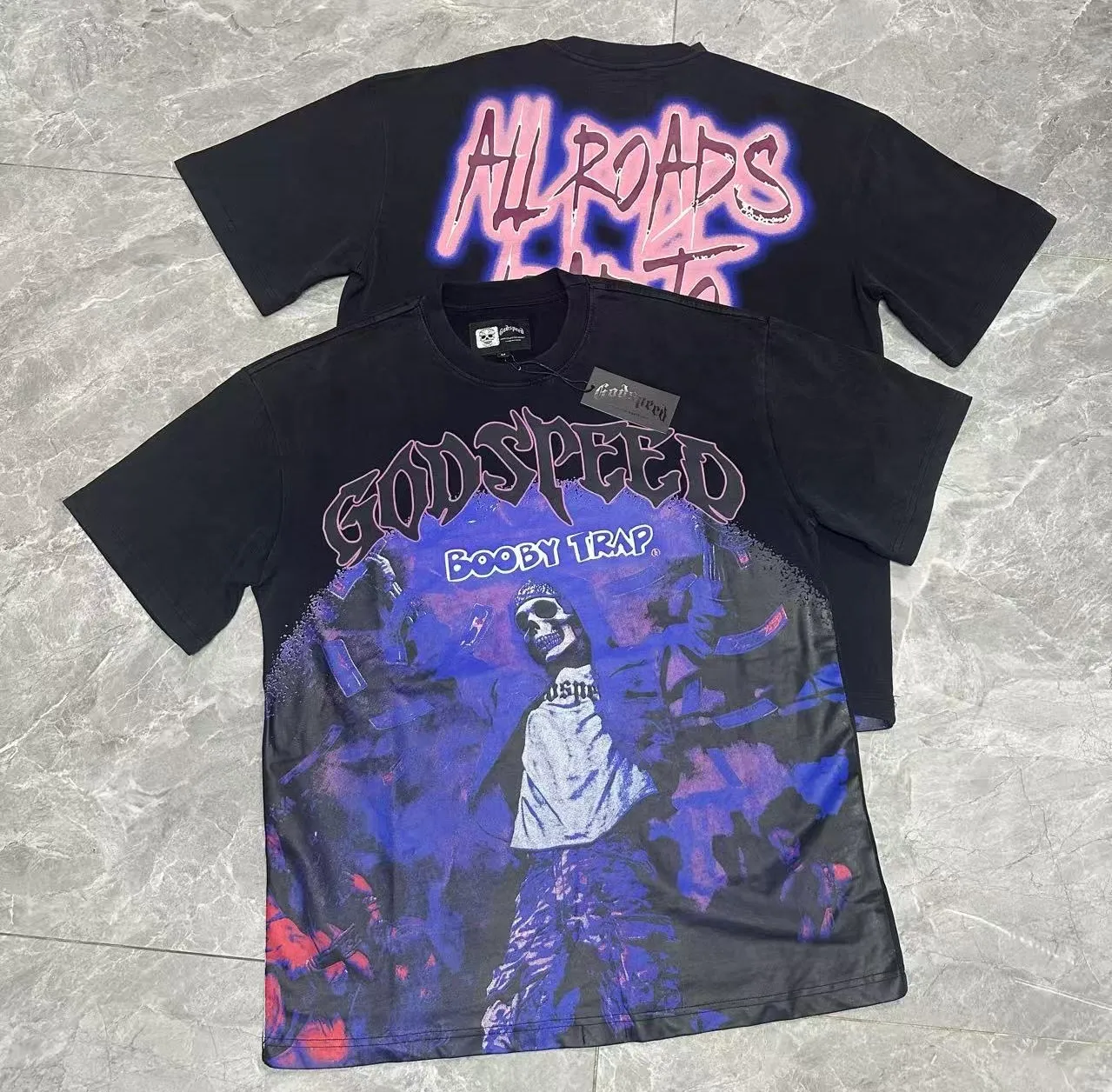 6088#washed black｜P116 Godspeed cross-border American rock and roll street washed retro style short-sleeved T (craft printing) fabric (fabric): 32 count combed double yarn 250g weight size (size): S-M-L-XL color (colour): washed black 👉 👉