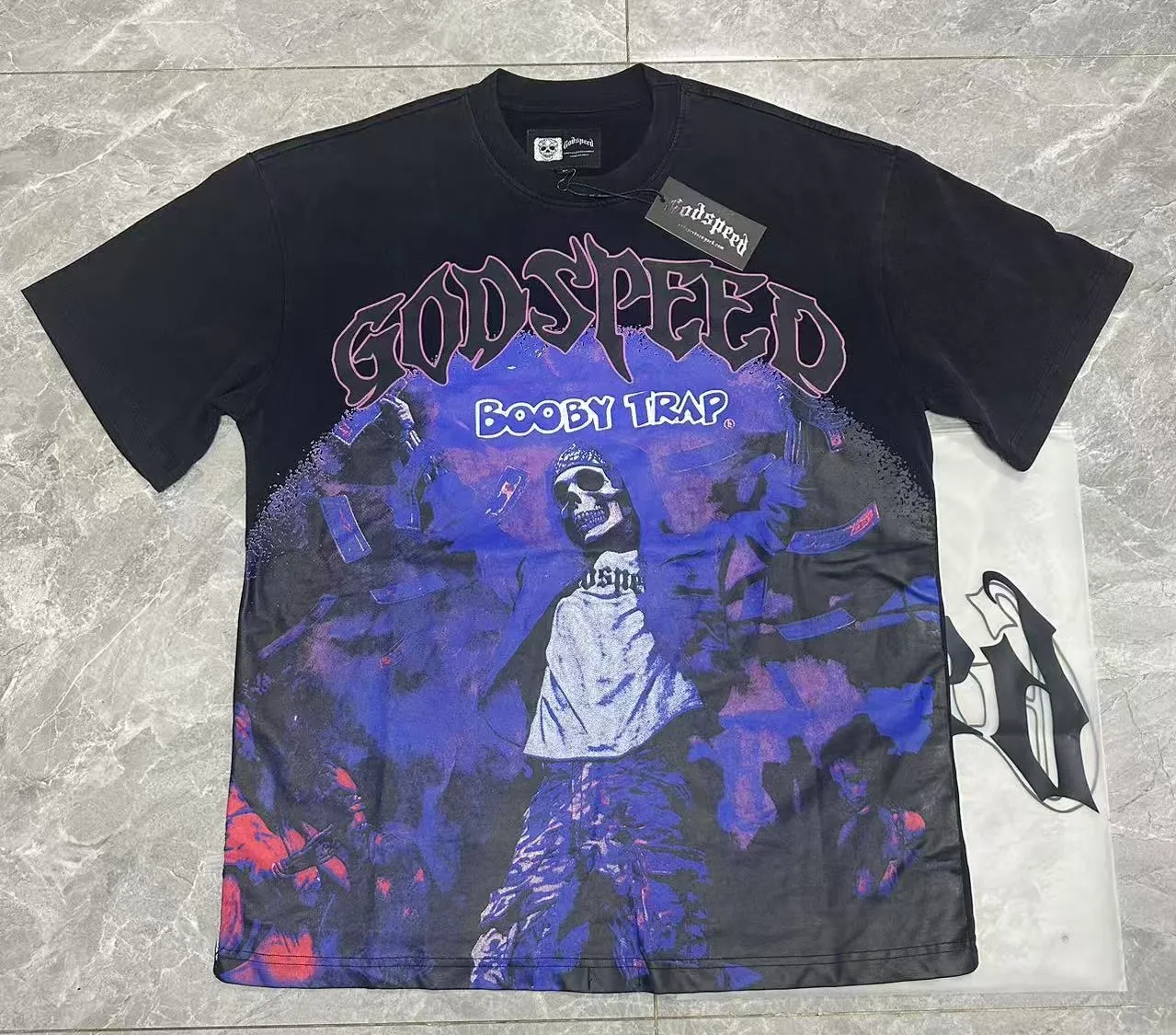 6088#washed black｜P116 Godspeed cross-border American rock and roll street washed retro style short-sleeved T (craft printing) fabric (fabric): 32 count combed double yarn 250g weight size (size): S-M-L-XL color (colour): washed black 👉 👉