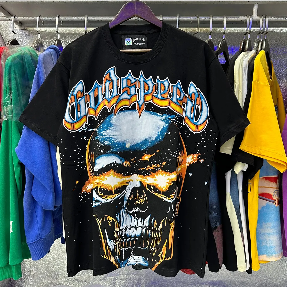 Actual photo, No. 7079, Mechao Godspeed interstellar shock skull print high quality double yarn pure cotton casual short-sleeved T-shirt batch 110 Color: black, apricot; Size: S M L XL