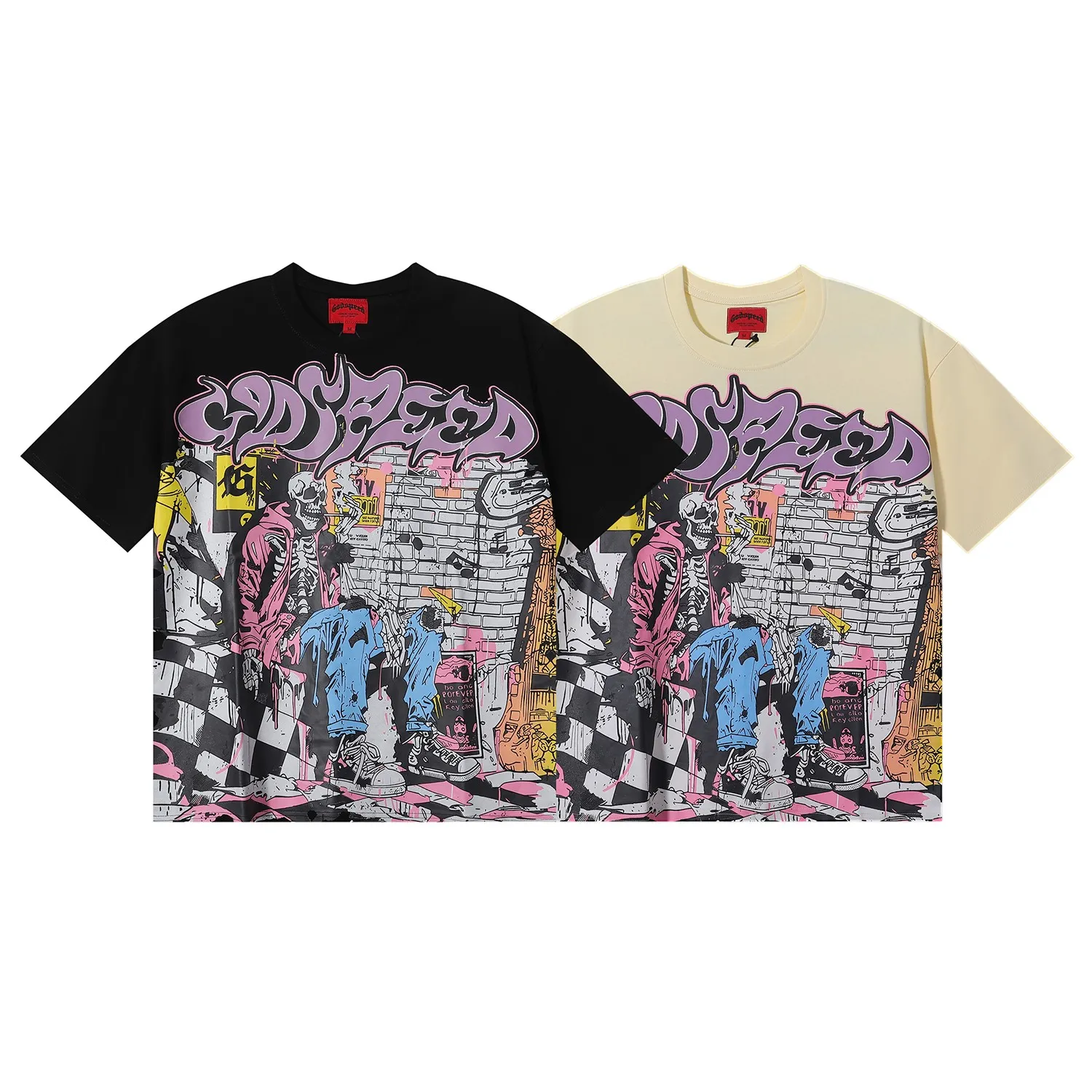 No. 7013, American trendy Godspeed graffiti wall skull artist printed high weight double yarn pure cotton casual short-sleeved T-shirt batch 110 Color: black, apricot; Size: S M L XL