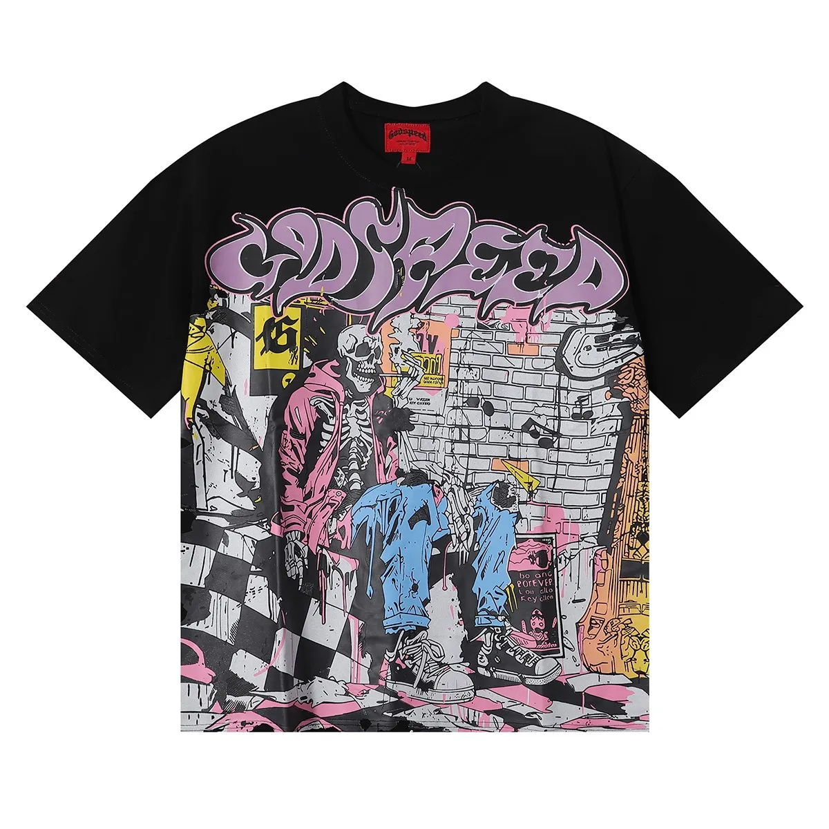 No. 7013, American trendy Godspeed graffiti wall skull artist printed high weight double yarn pure cotton casual short-sleeved T-shirt batch 110 Color: black, apricot; Size: S M L XL
