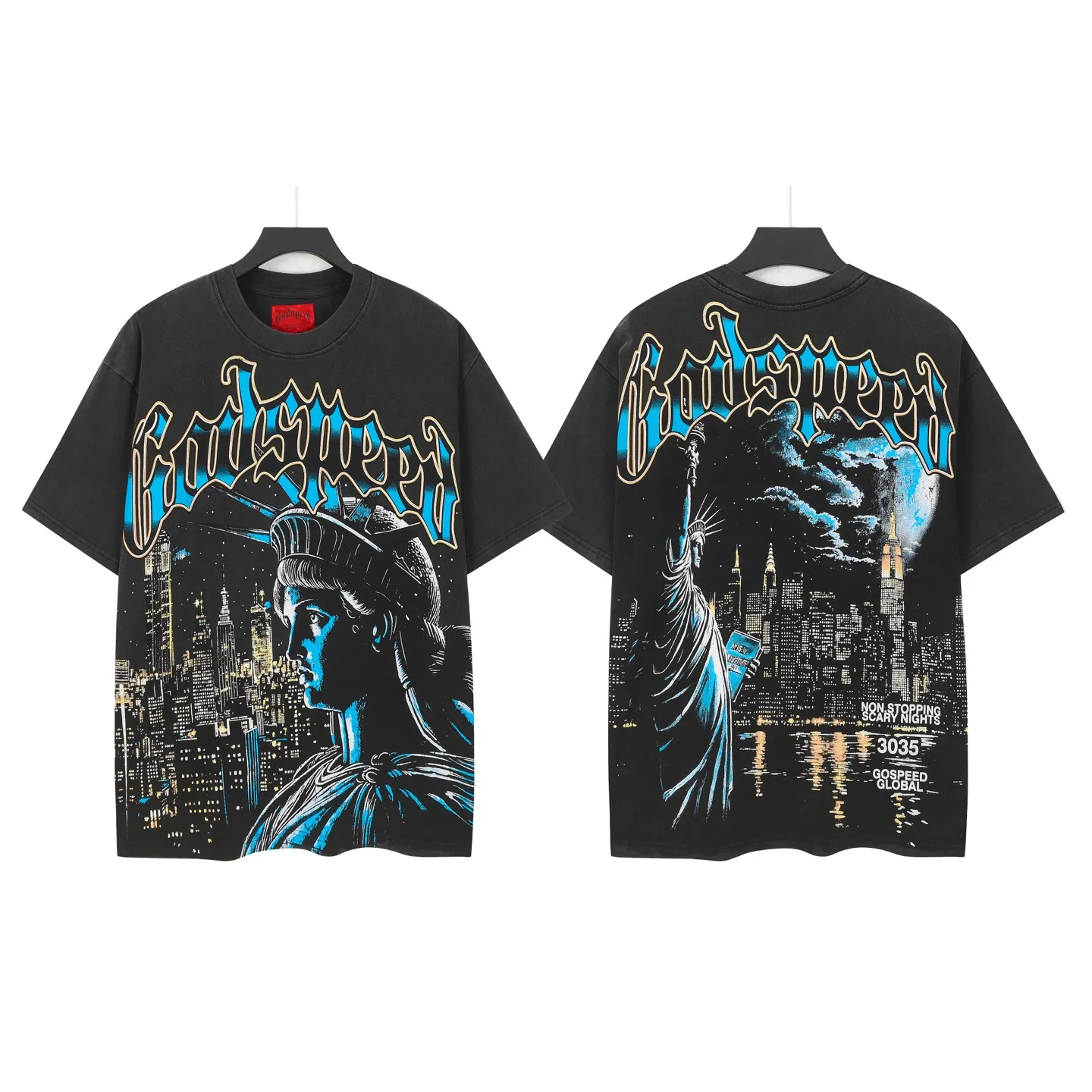 6105#washed black I P116 Godspeed cross-border American rock and roll street washed retro style short-sleeved T (craft printing) fabric (fabric): 32 count combed double yarn 250 grams weight code number (size): S-M-L-XL color (colour): washed black
