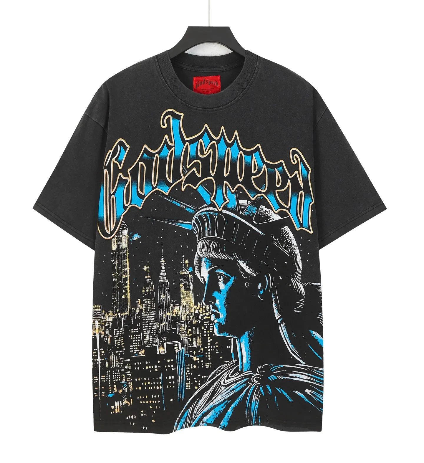 6105#washed black I P116 Godspeed cross-border American rock and roll street washed retro style short-sleeved T (craft printing) fabric (fabric): 32 count combed double yarn 250 grams weight code number (size): S-M-L-XL color (colour): washed black