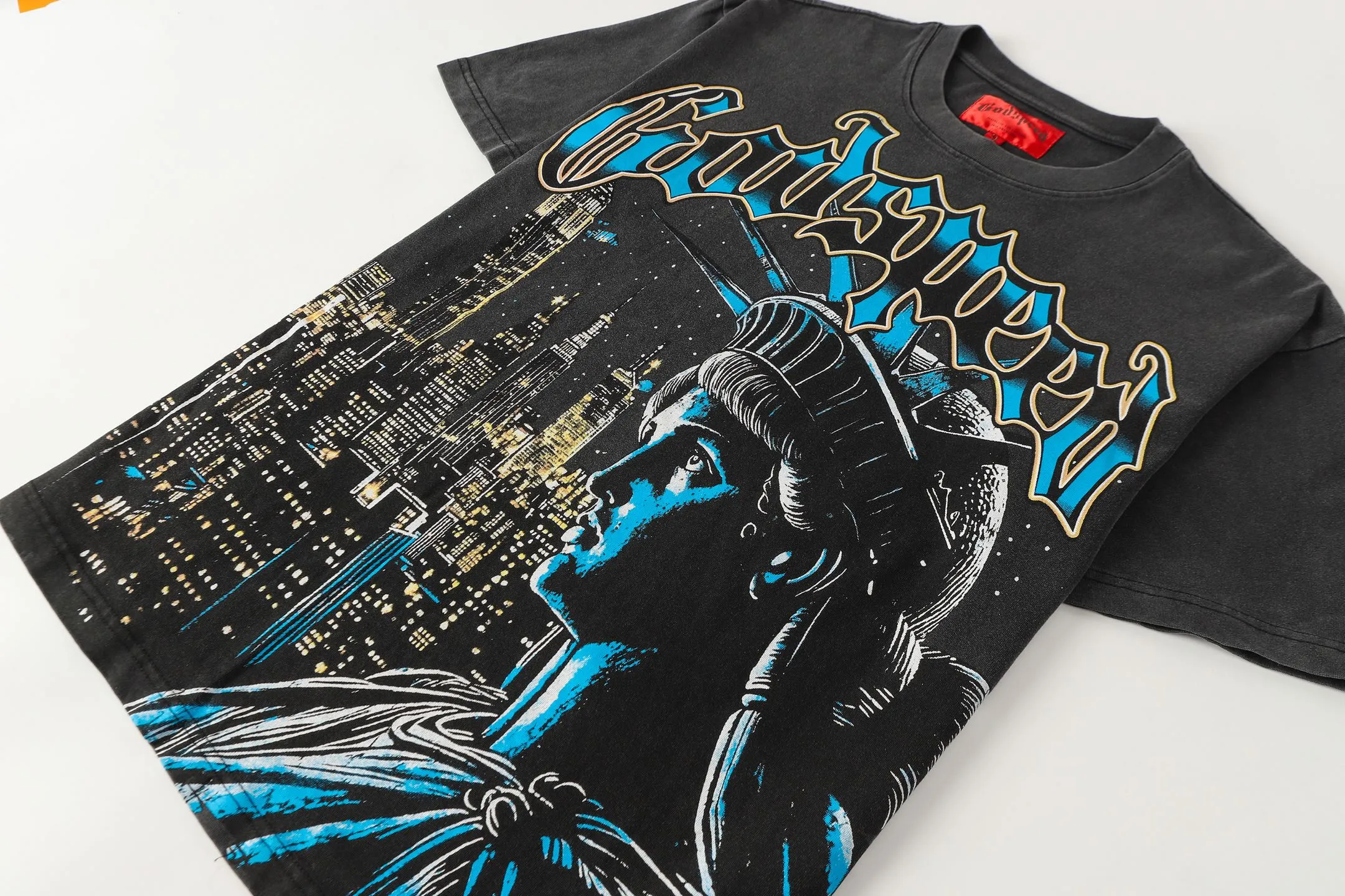 6105#washed black I P116 Godspeed cross-border American rock and roll street washed retro style short-sleeved T (craft printing) fabric (fabric): 32 count combed double yarn 250 grams weight code number (size): S-M-L-XL color (colour): washed black