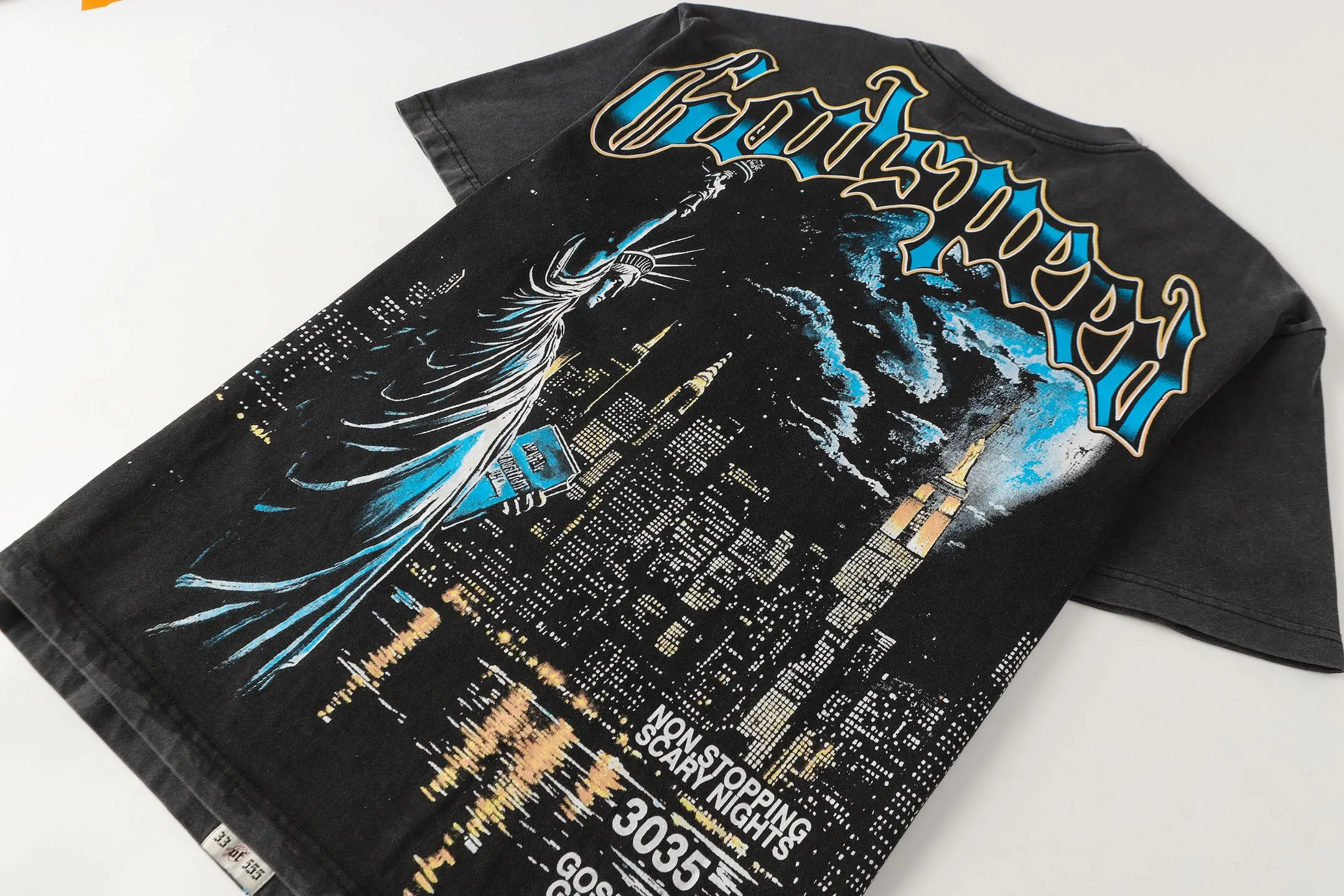 6105#washed black I P116 Godspeed cross-border American rock and roll street washed retro style short-sleeved T (craft printing) fabric (fabric): 32 count combed double yarn 250 grams weight code number (size): S-M-L-XL color (colour): washed black