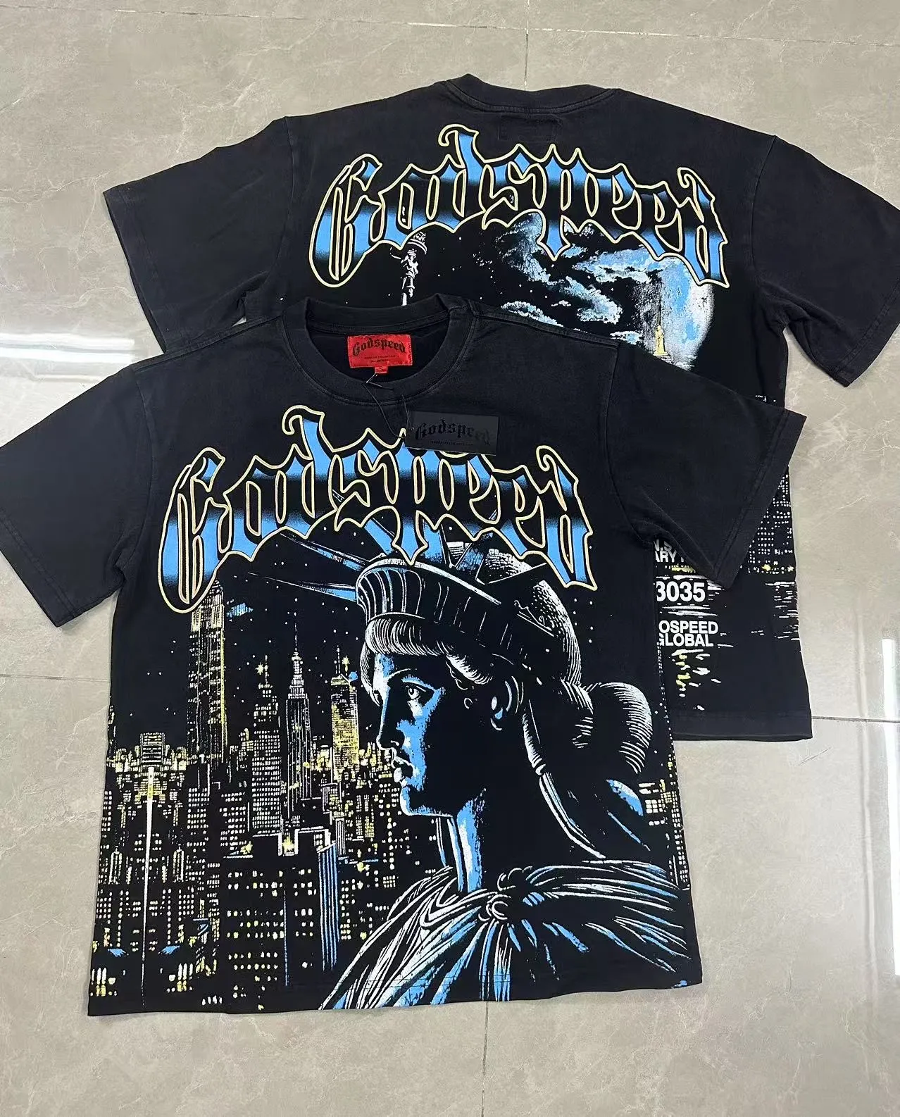 6105#washed black I P116 Godspeed cross-border American rock and roll street washed retro style short-sleeved T (craft printing) fabric (fabric): 32 count combed double yarn 250 grams weight code number (size): S-M-L-XL color (colour): washed black