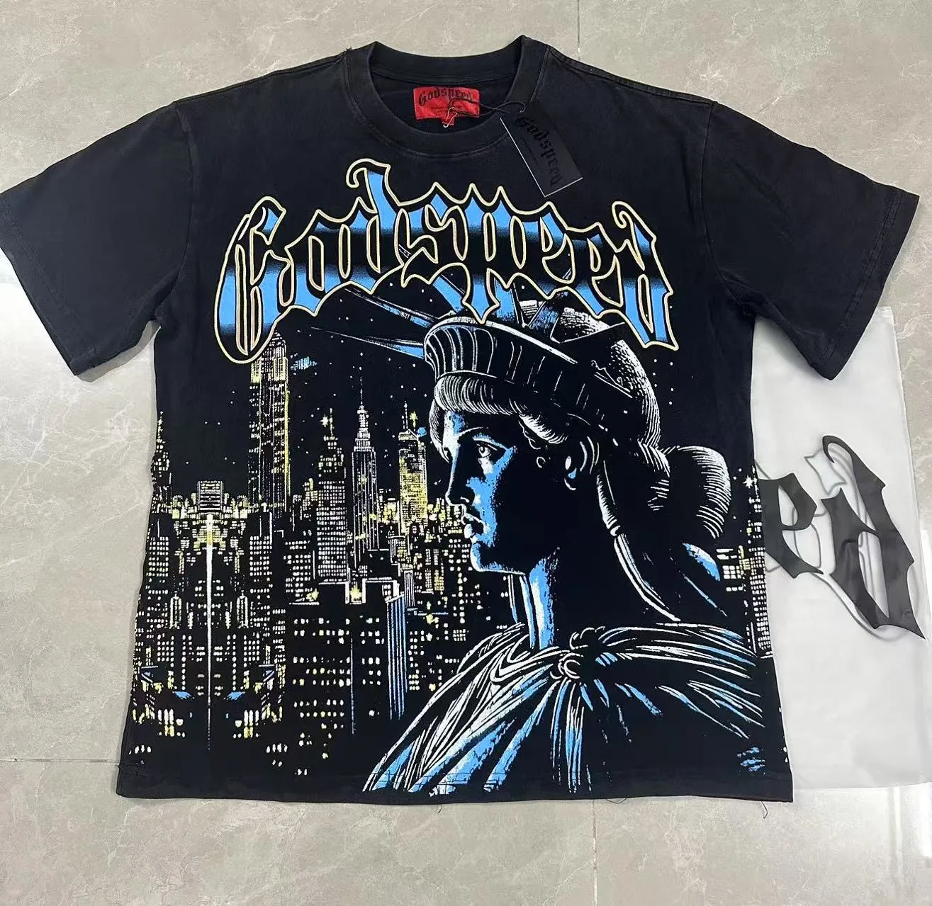 6105#washed black I P116 Godspeed cross-border American rock and roll street washed retro style short-sleeved T (craft printing) fabric (fabric): 32 count combed double yarn 250 grams weight code number (size): S-M-L-XL color (colour): washed black